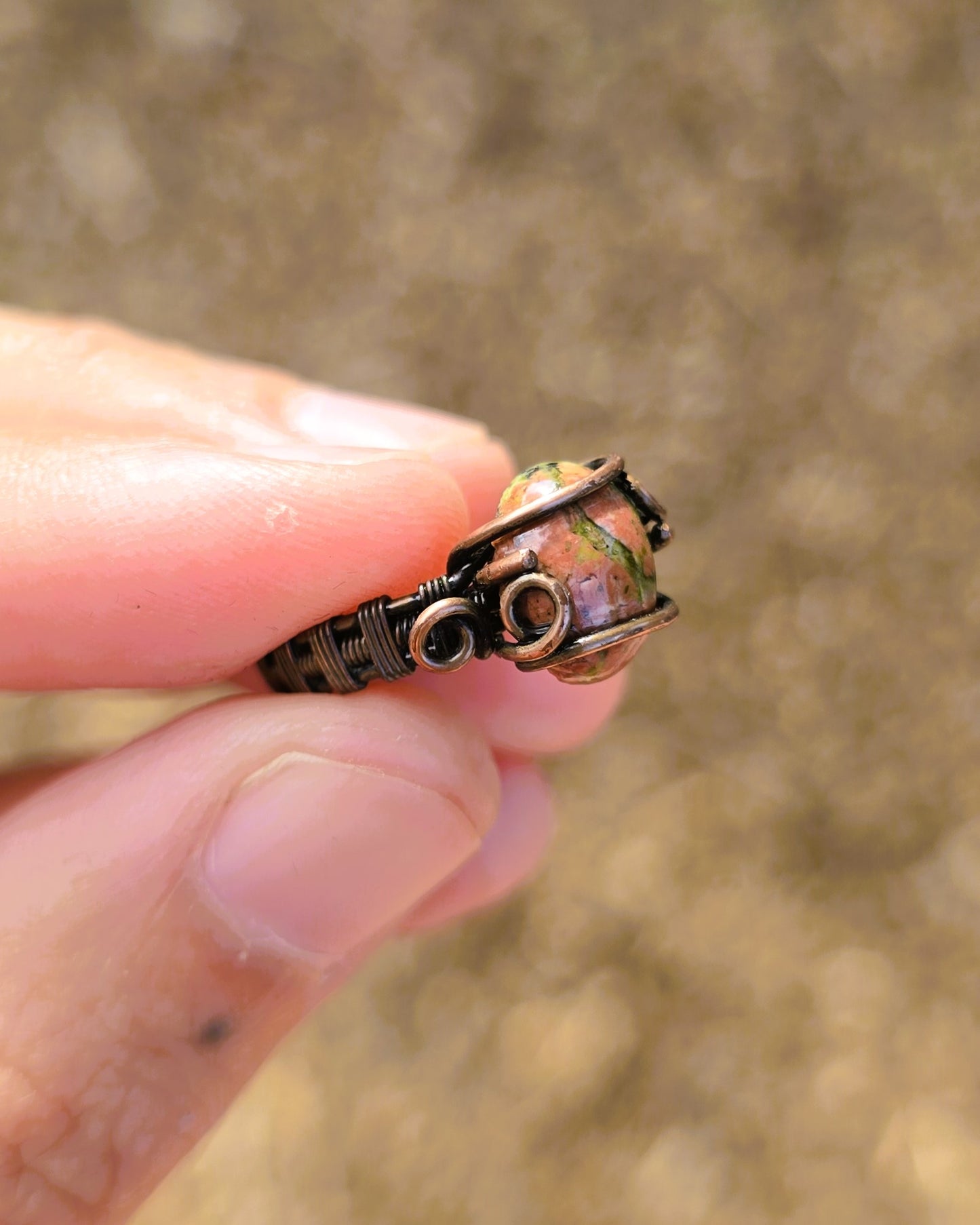 Unakite Jasper Antiqued Copper Ring Size 4