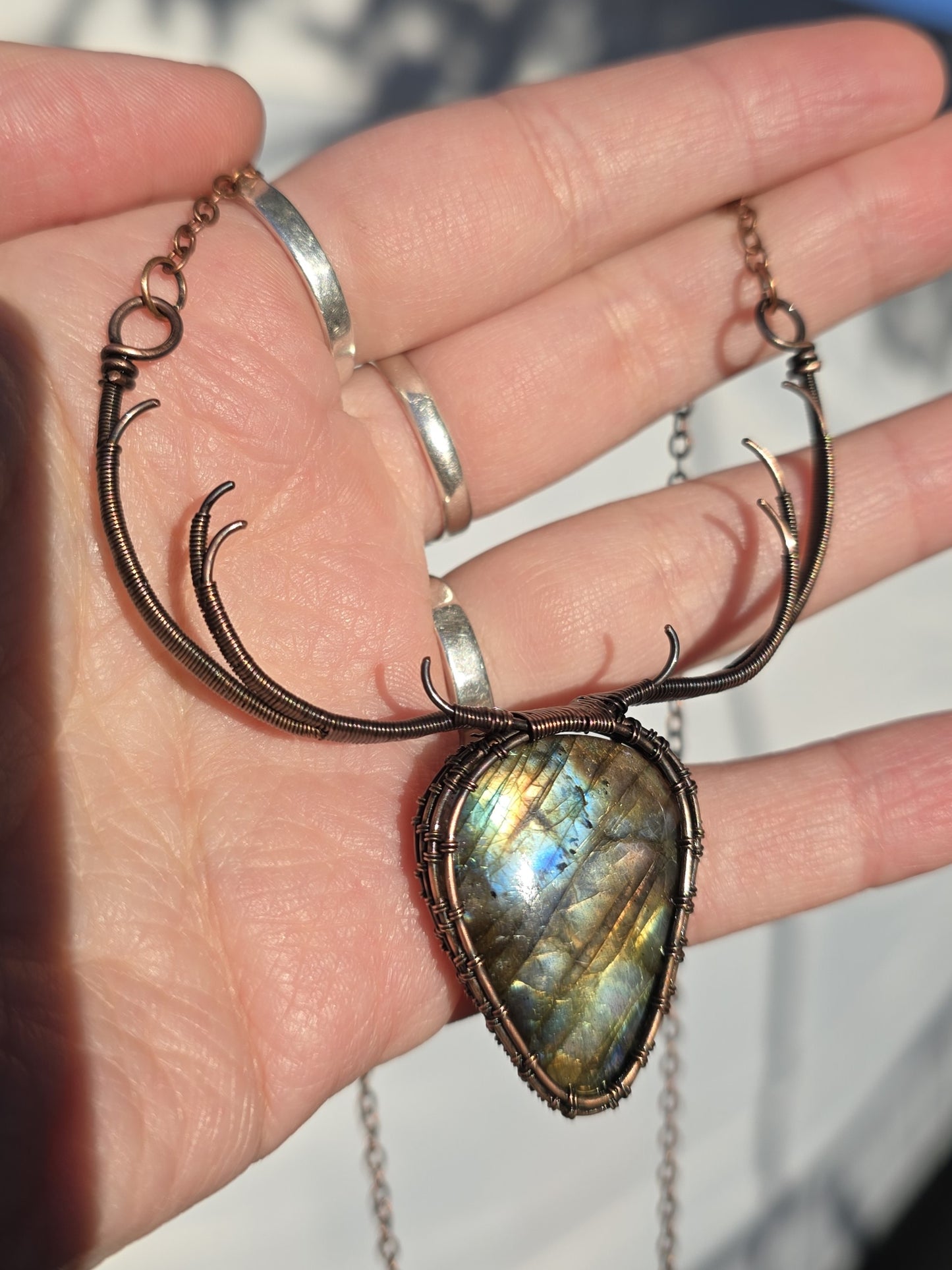 Labradorite Deer Stag Pendant Wire Wrapped In Antiqued Copper