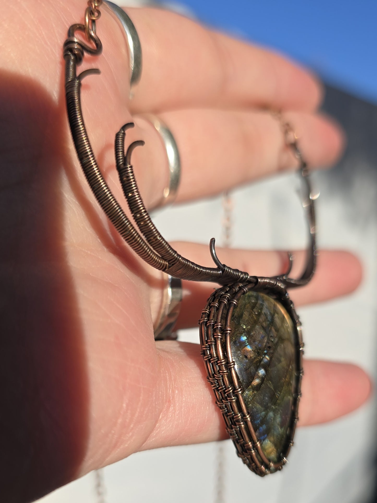 Labradorite Deer Stag Pendant Wire Wrapped In Antiqued Copper