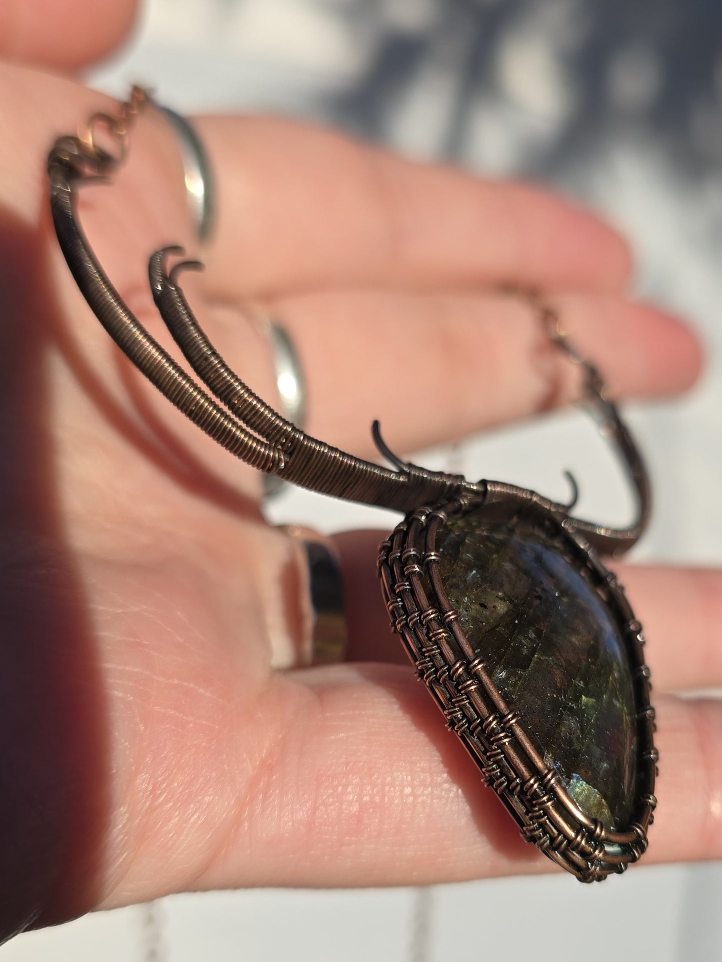 Labradorite Deer Stag Pendant Wire Wrapped In Antiqued Copper