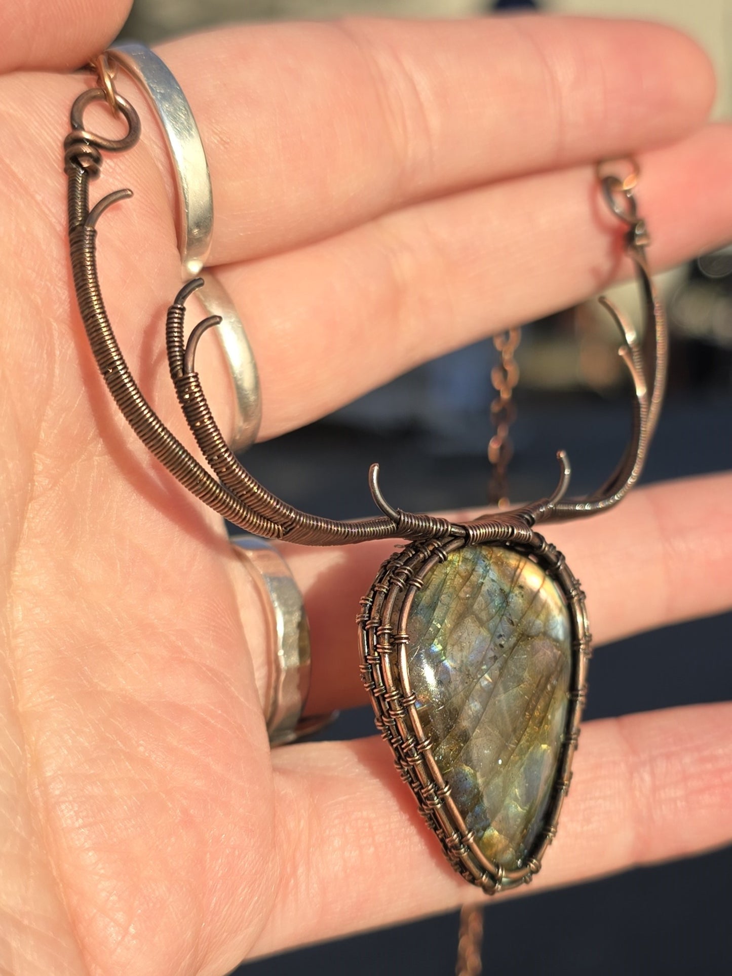 Labradorite Deer Stag Pendant Wire Wrapped In Antiqued Copper