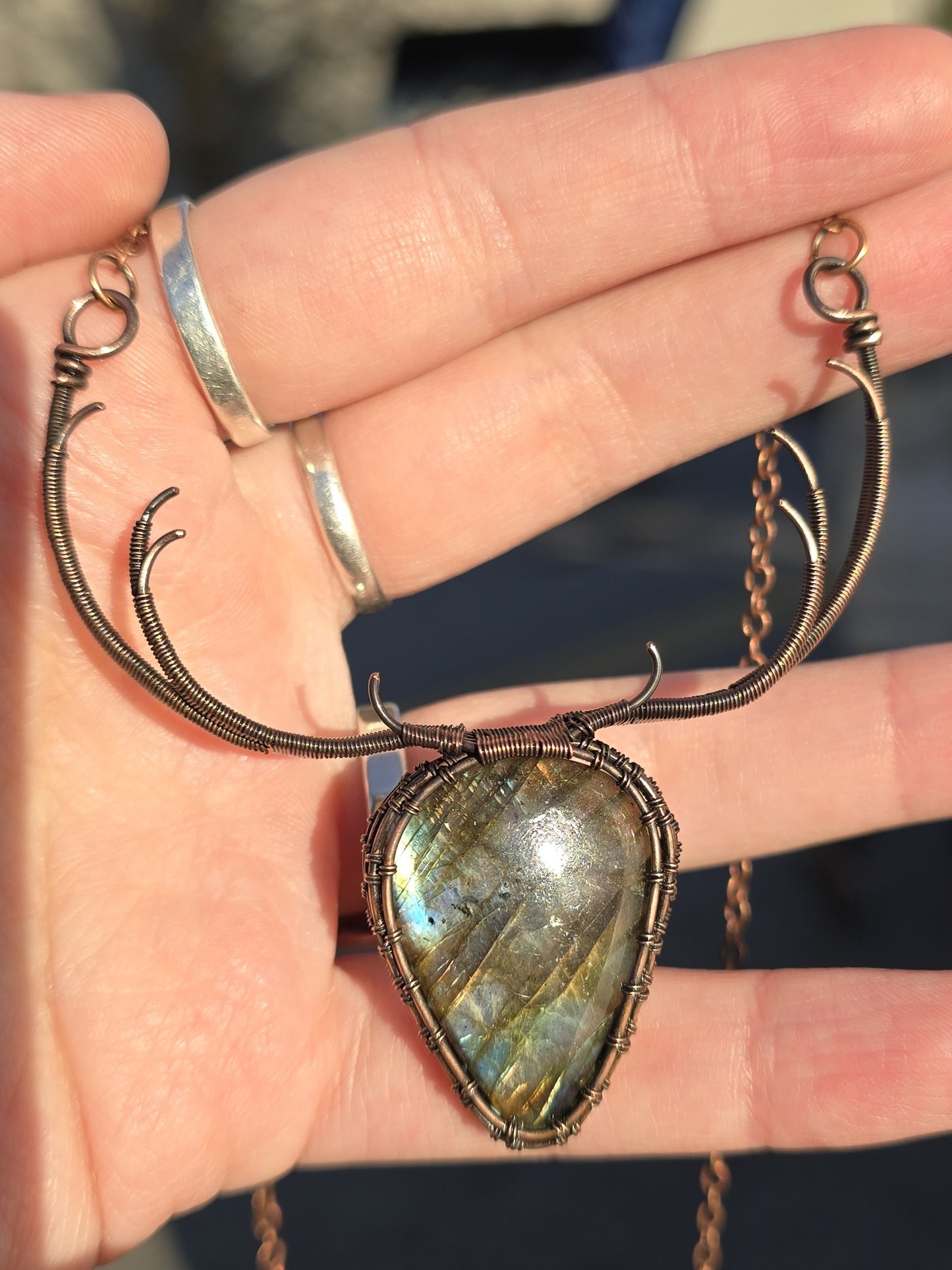 Labradorite Deer Stag Pendant Wire Wrapped In Antiqued Copper
