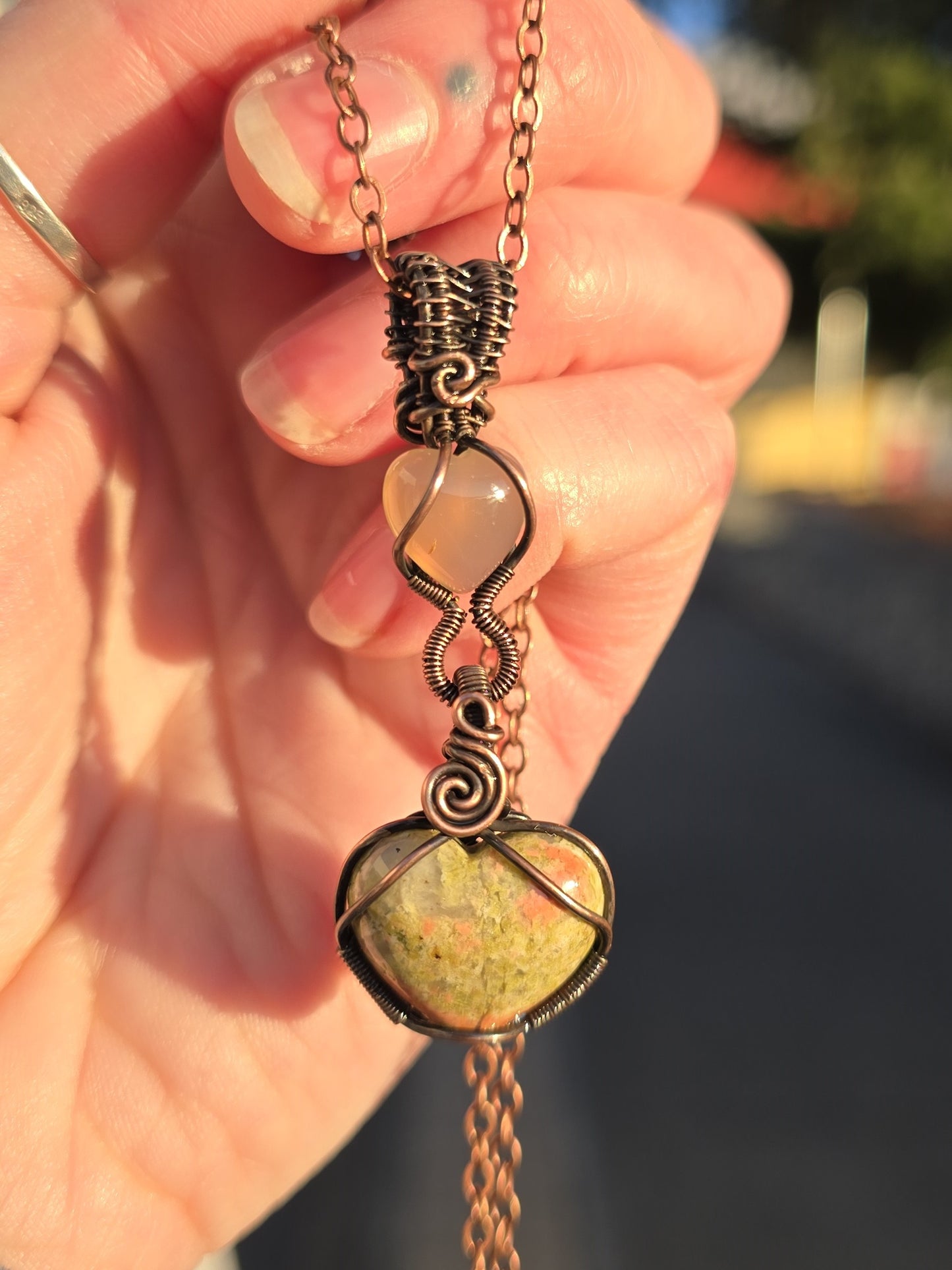 Unakite Jasper & Agate Hearts Wire Wrapped Pendant