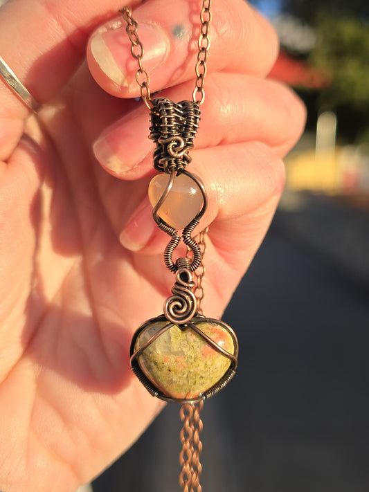 Unakite Jasper & Agate Hearts Wire Wrapped Pendant