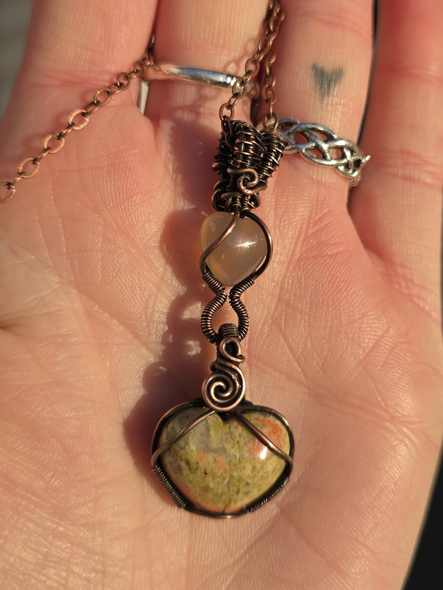 Unakite Jasper & Agate Hearts Wire Wrapped Pendant
