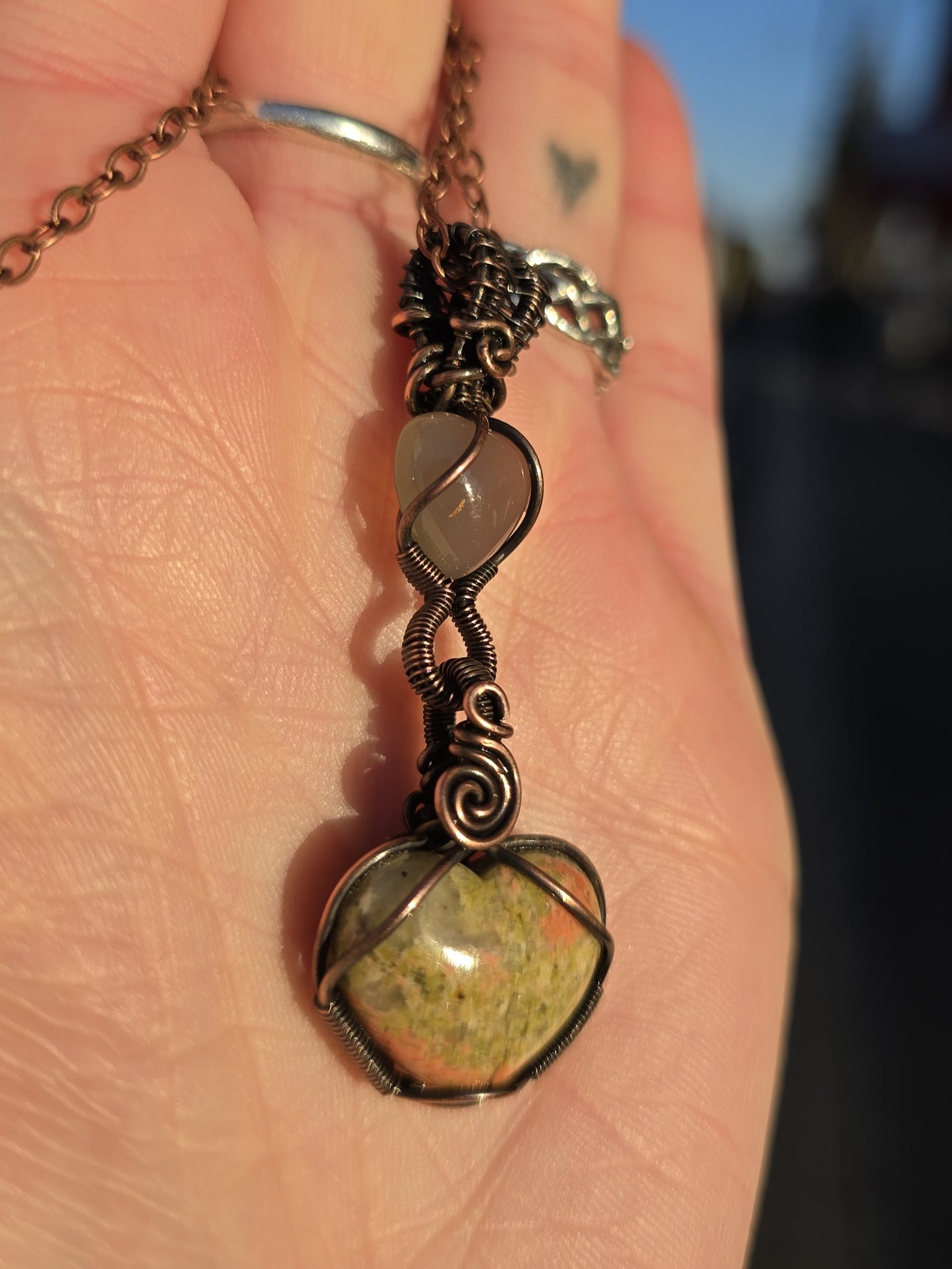 Unakite Jasper & Agate Hearts Wire Wrapped Pendant