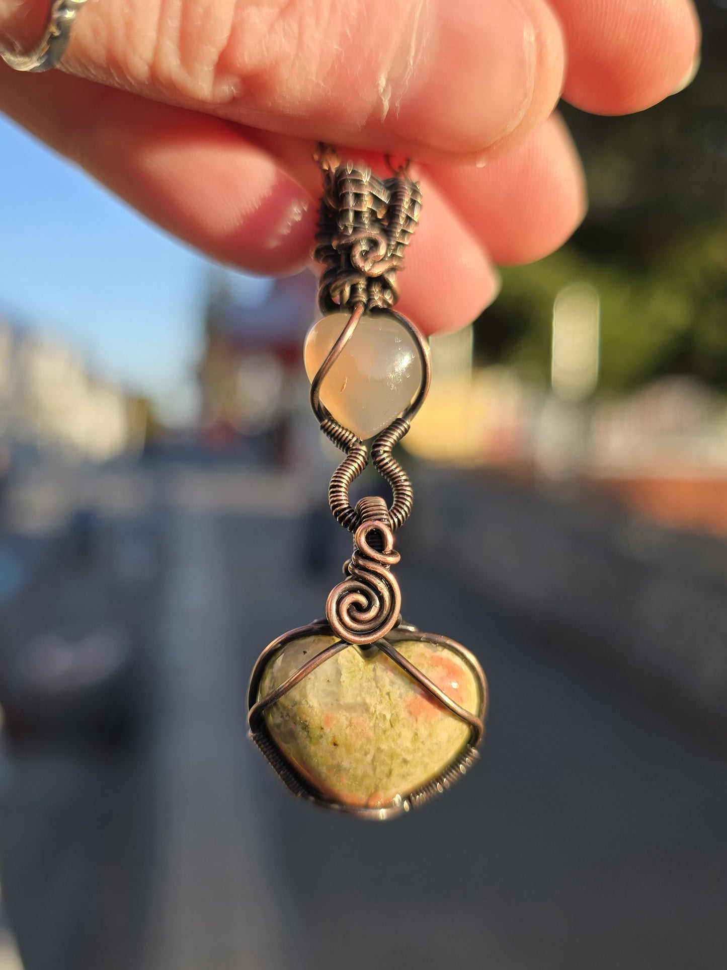Unakite Jasper & Agate Hearts Wire Wrapped Pendant