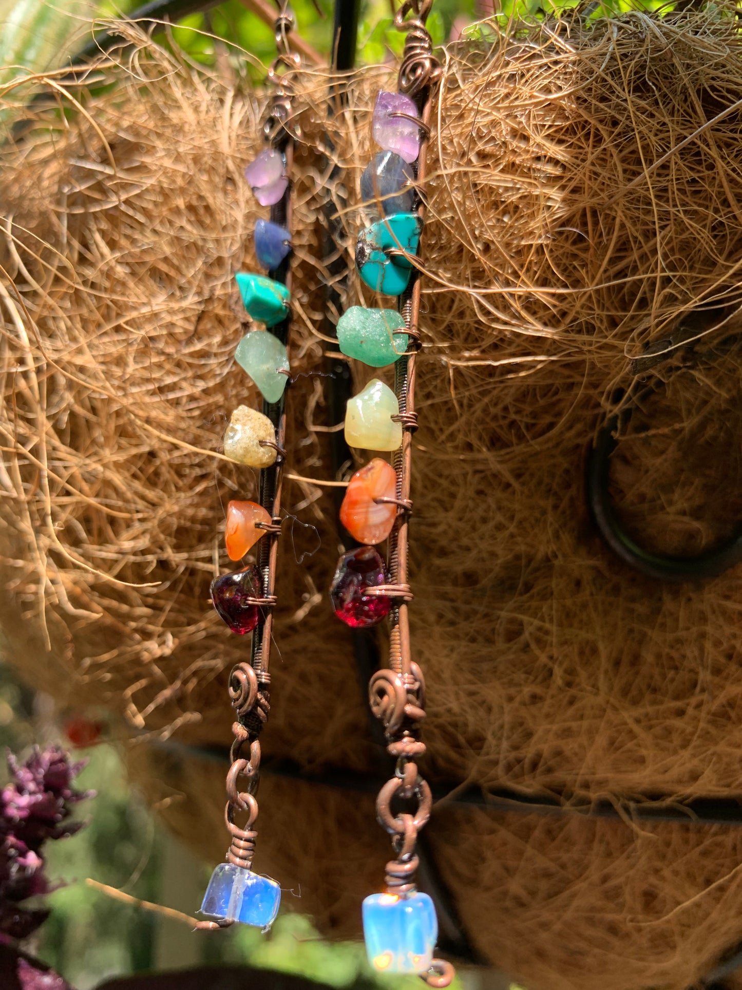 Chakra Long Dangle Earrings - Wire Wrapped Earrings in Antique Copper With Stone Chakra Beads - 3 1/2 inch Long Dangle