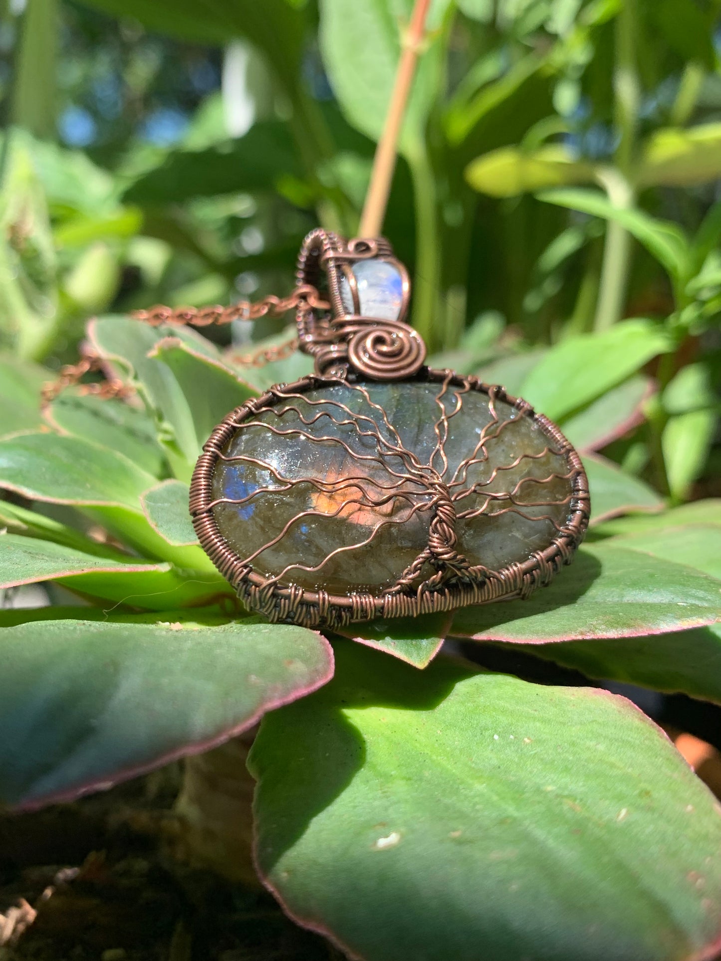 Wire Wrapped Tree Of Life Pendant with Stunning Labradorite and A Moonstone Crown in Antiqued Copper