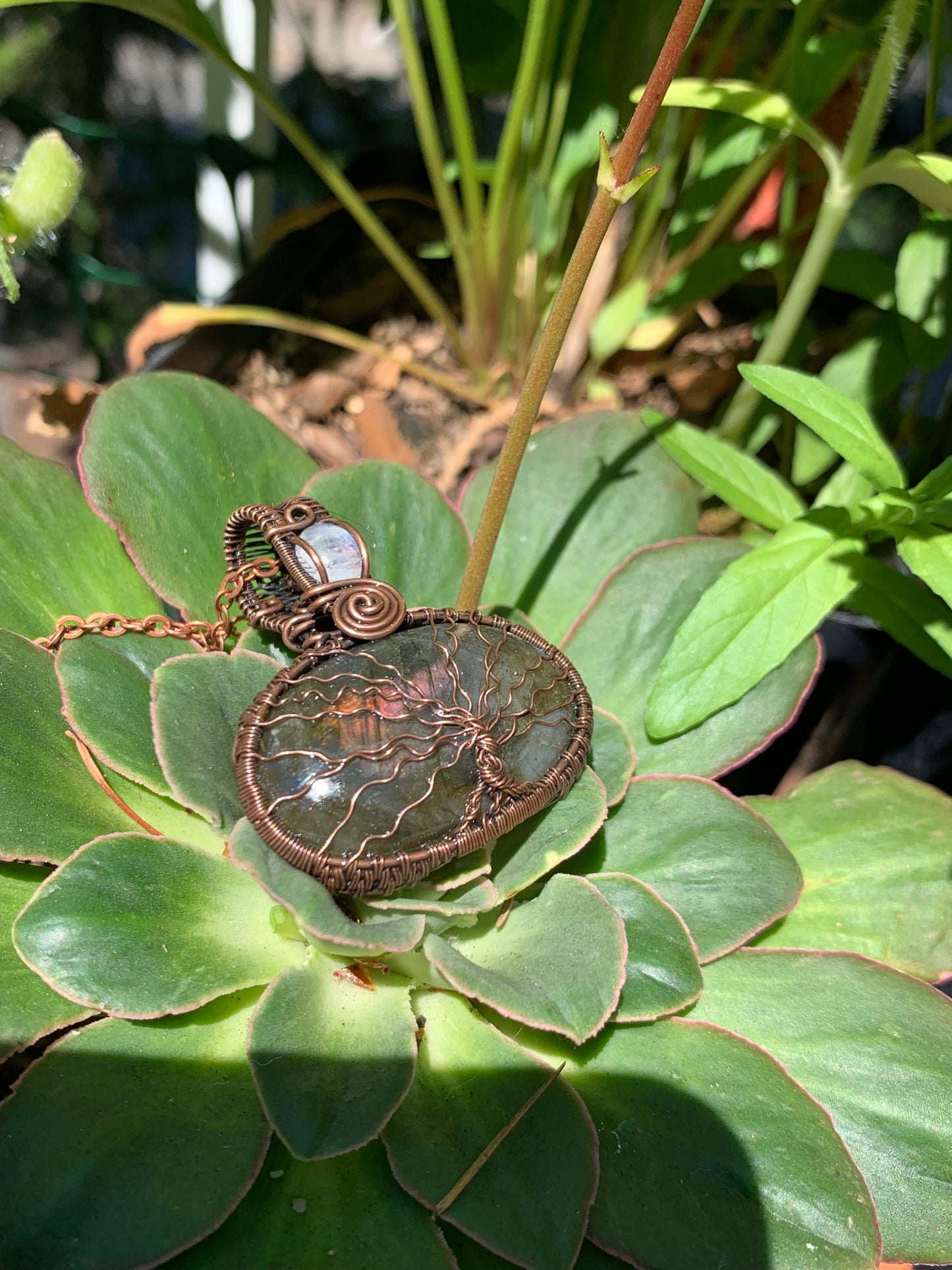 Wire Wrapped Tree Of Life Pendant with Stunning Labradorite and A Moonstone Crown in Antiqued Copper