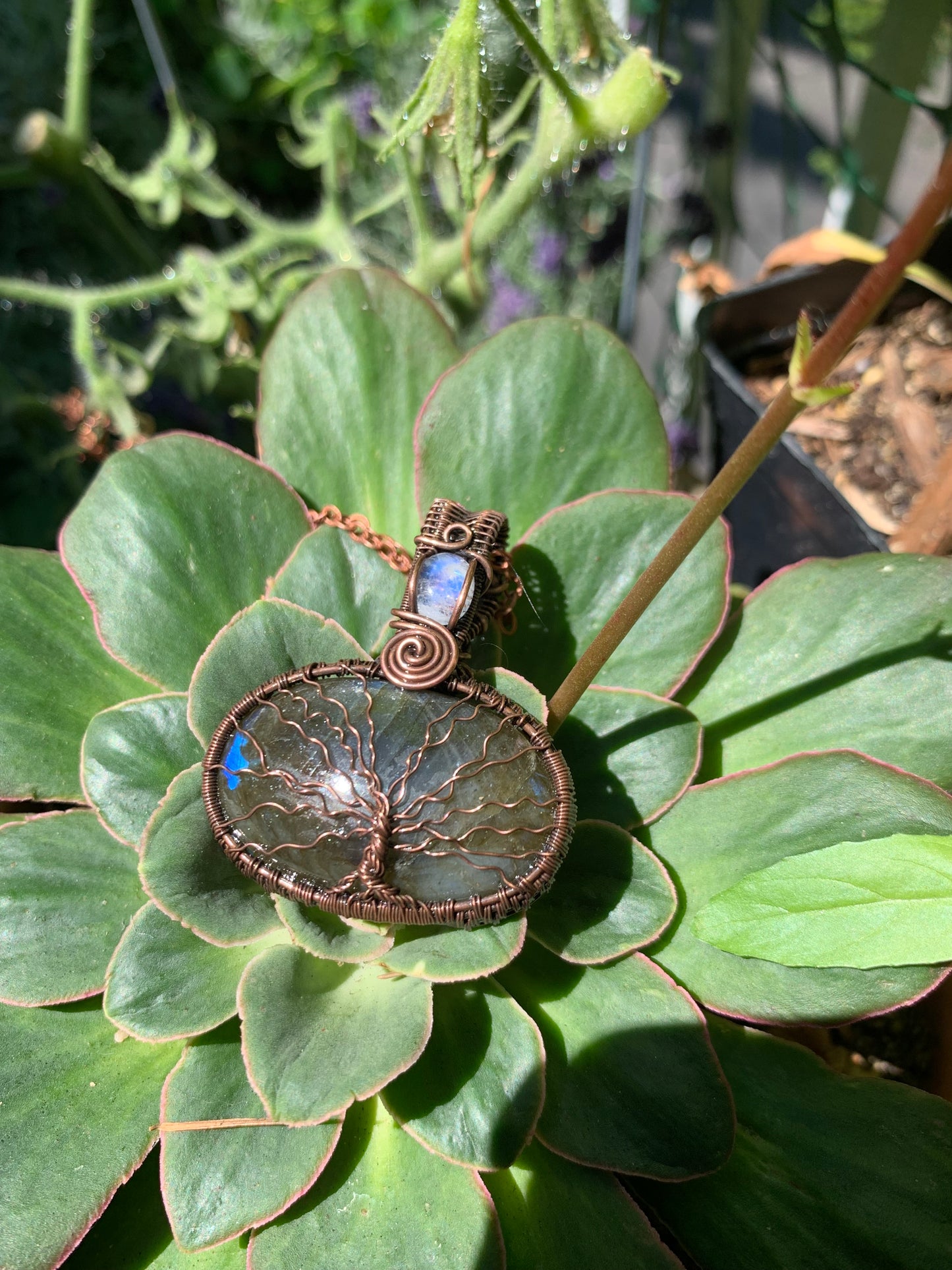 Wire Wrapped Tree Of Life Pendant with Stunning Labradorite and A Moonstone Crown in Antiqued Copper