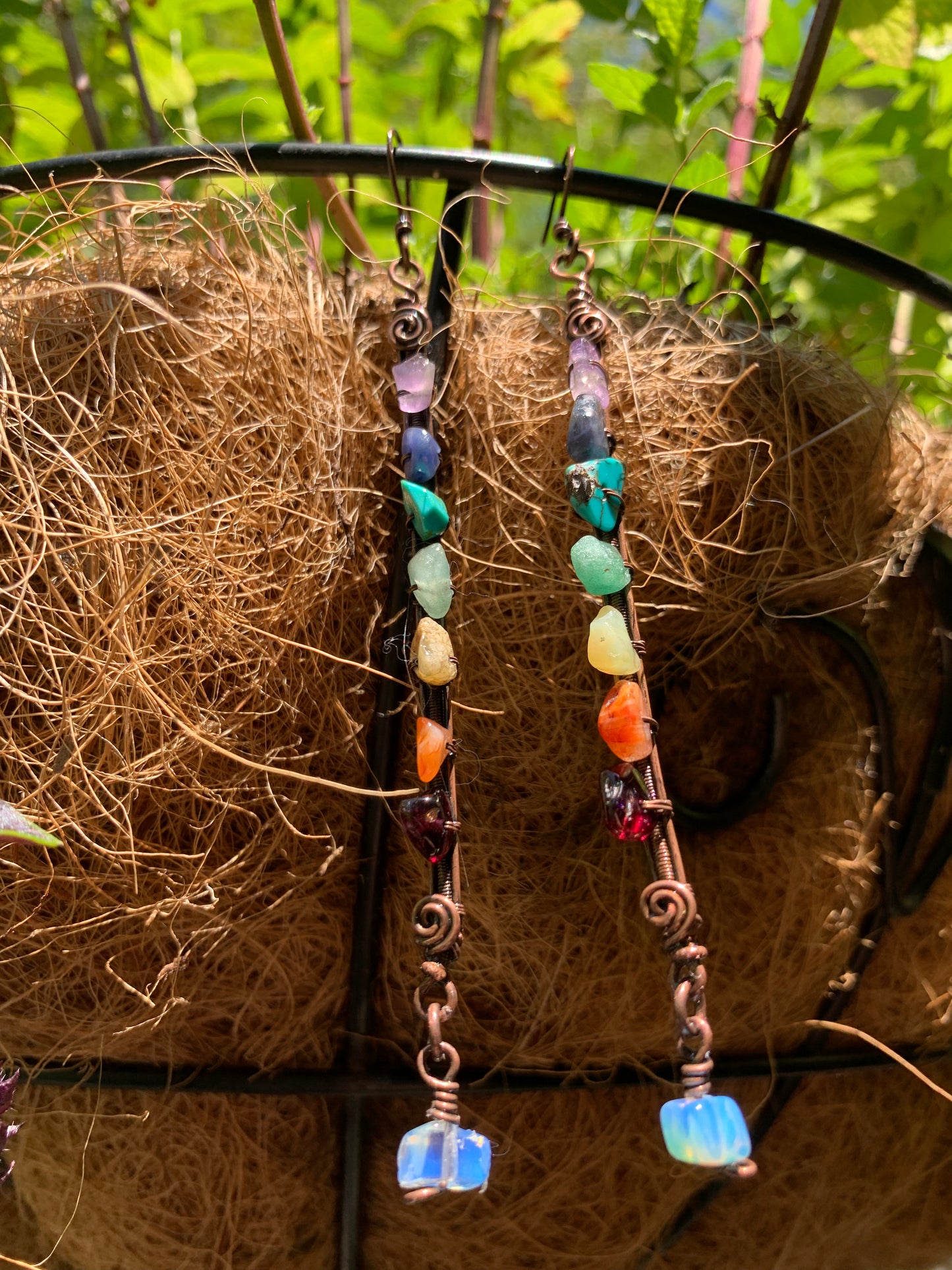 Chakra Long Dangle Earrings - Wire Wrapped Earrings in Antique Copper With Stone Chakra Beads - 3 1/2 inch Long Dangle