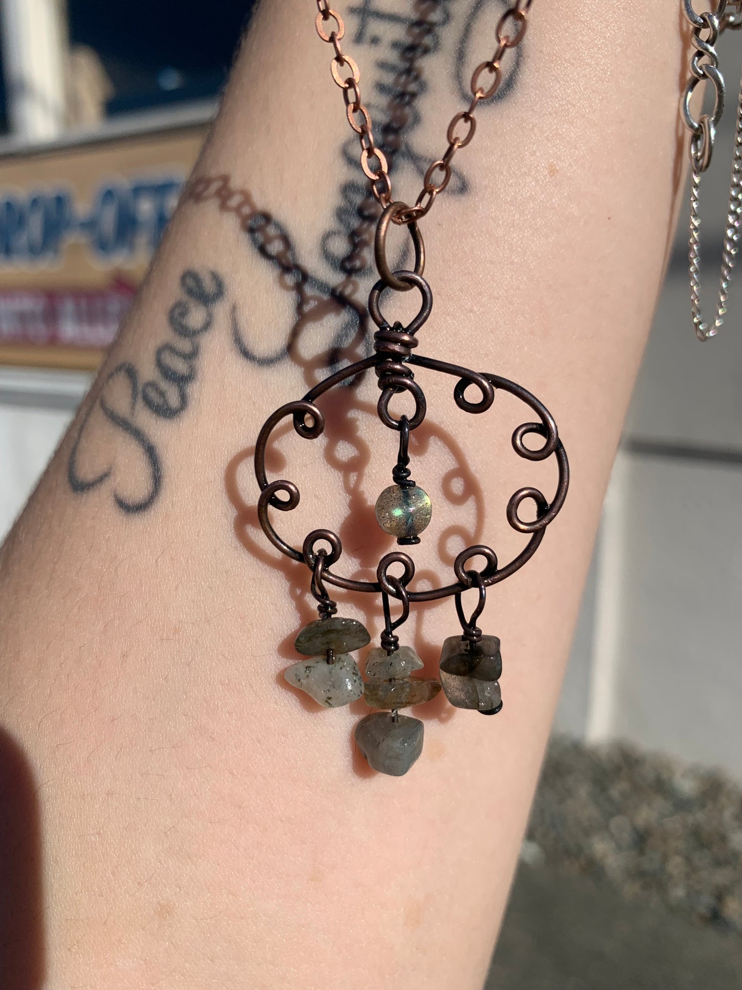 Labradorite Raindrop Cloud Pendant Wire Wrapped In Antiqued Copper