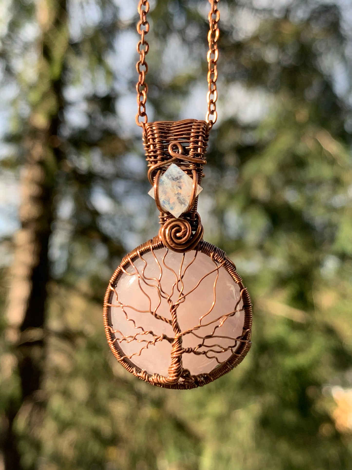 Rose Quartz Tree Of Life Pendant with Moonstone Crown