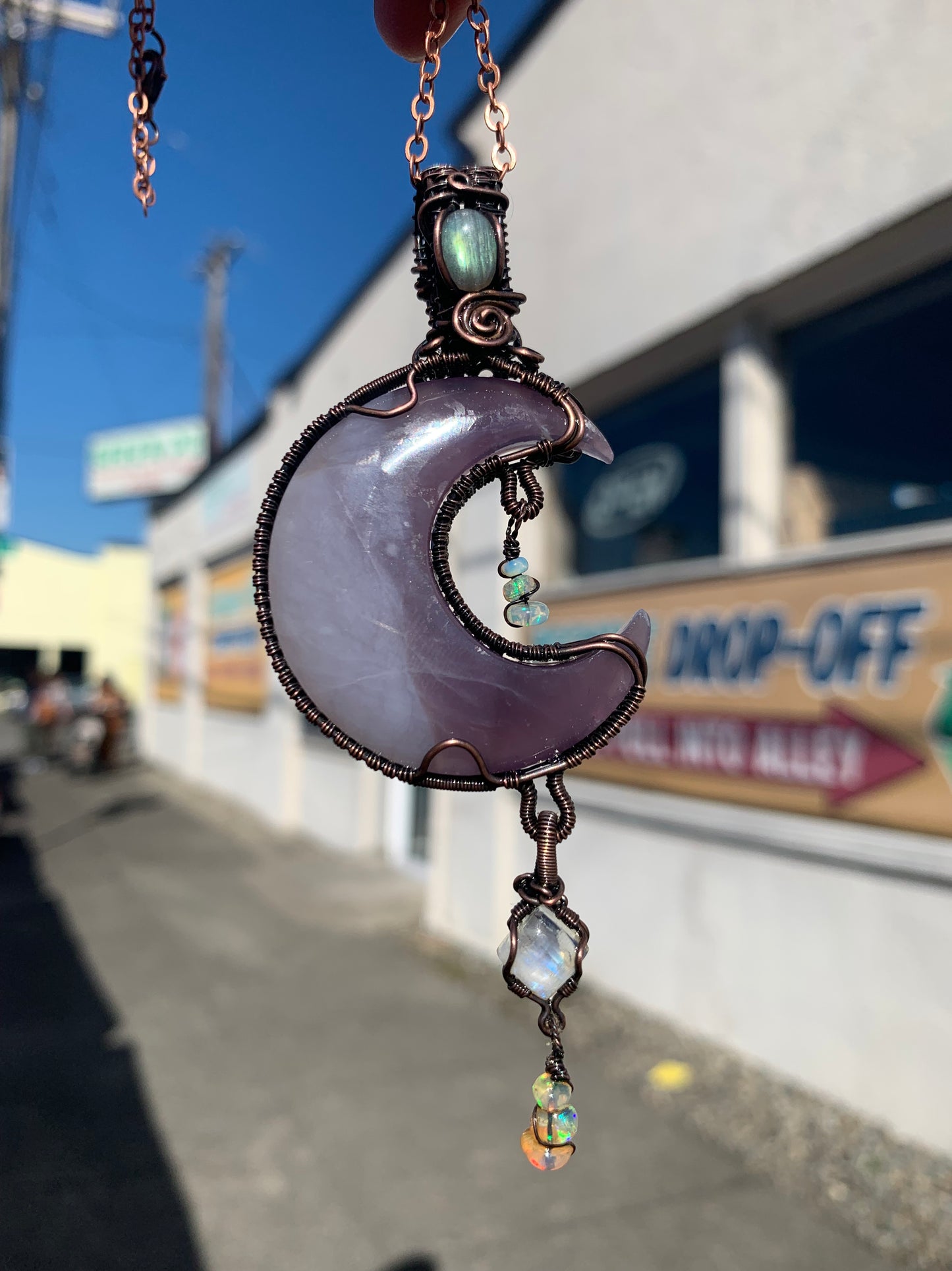 Purple Chalcedony Moon Pendant With Labradorite, Moonstone and Ethiopian Opals Wrapped in Antiqued Copper