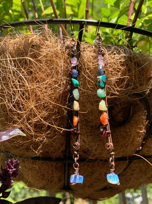 Chakra Long Dangle Earrings - Wire Wrapped Earrings in Antique Copper With Stone Chakra Beads - 3 1/2 inch Long Dangle