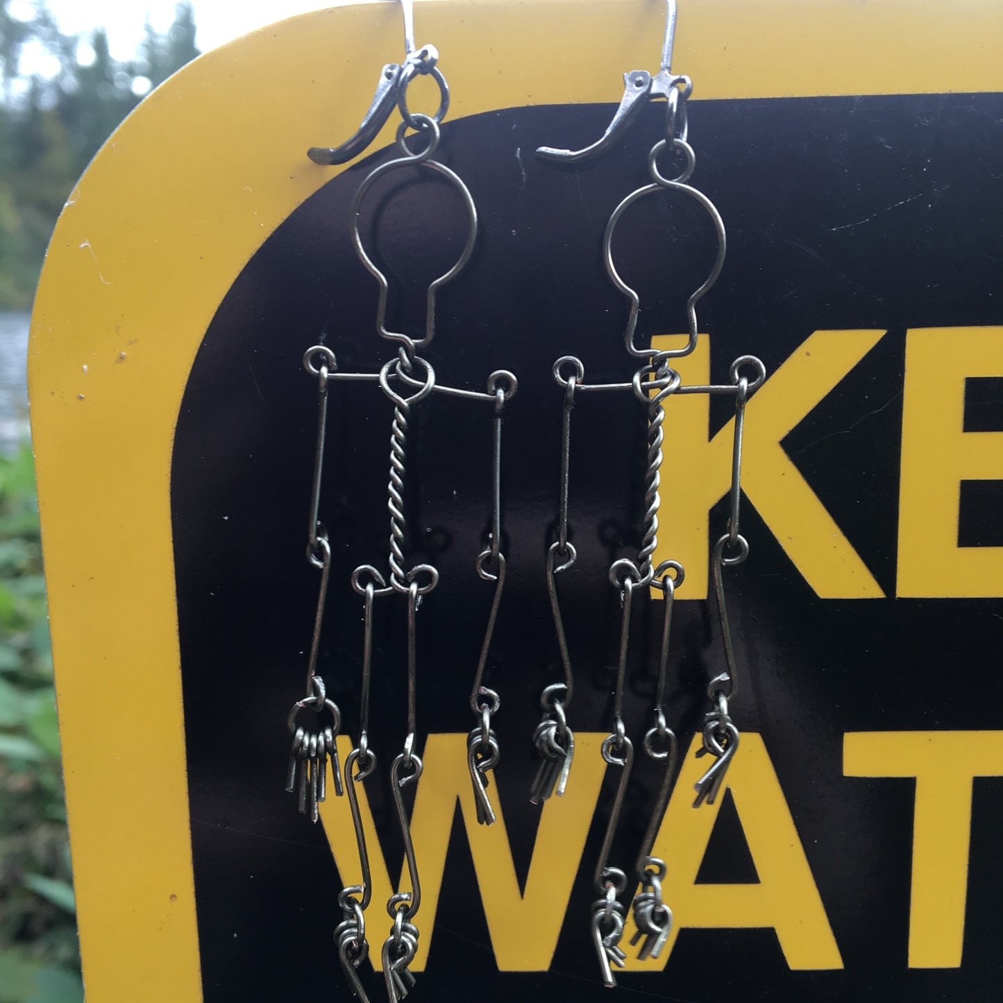 Hematite Dangly Wire Wrapped Skeleton Earrings - Wire Art Earrings - Unique Halloween Earrings - Halloween Jewelry - Skeleton Wire Weave Art