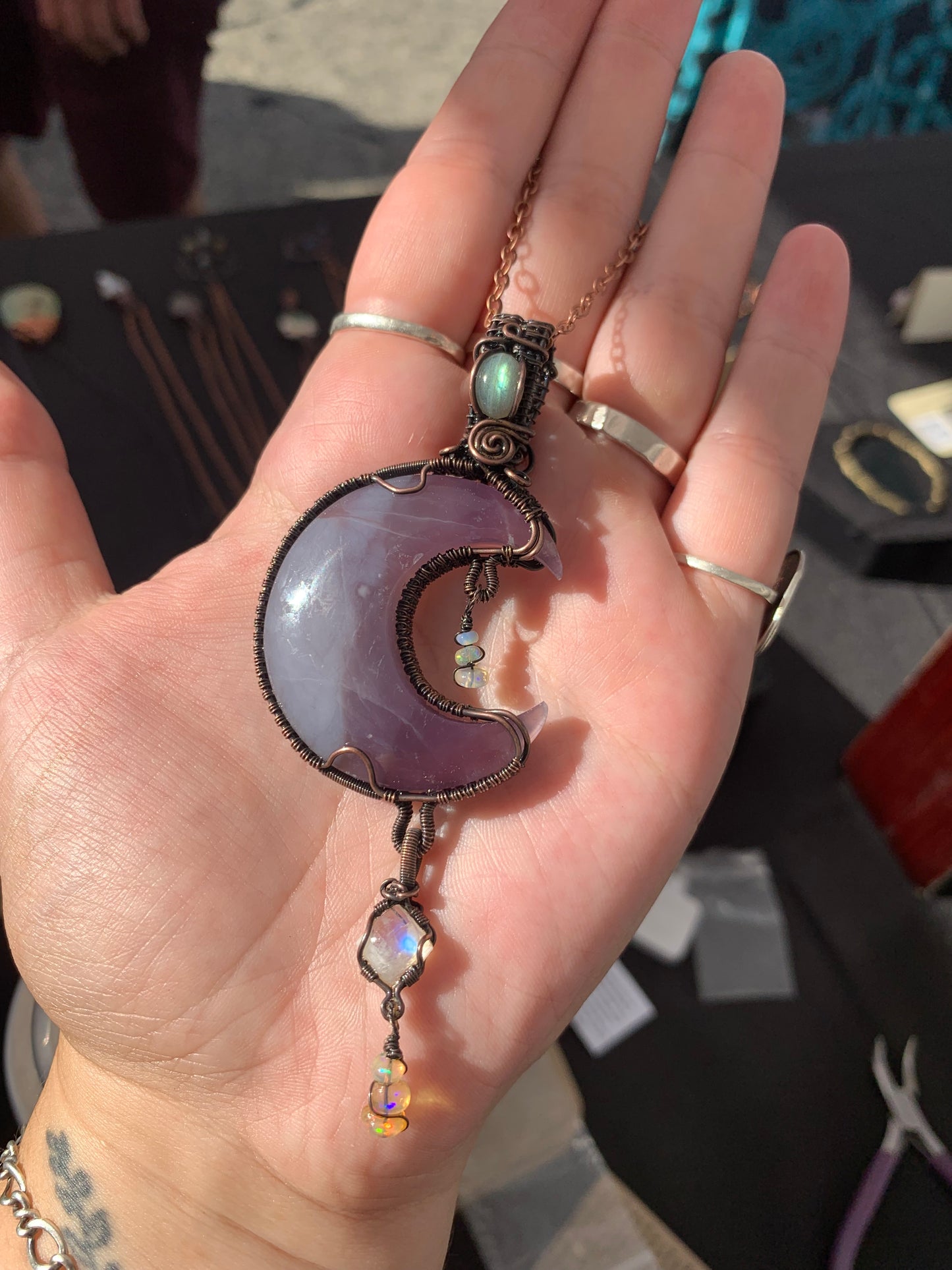 Purple Chalcedony Moon Pendant With Labradorite, Moonstone and Ethiopian Opals Wrapped in Antiqued Copper