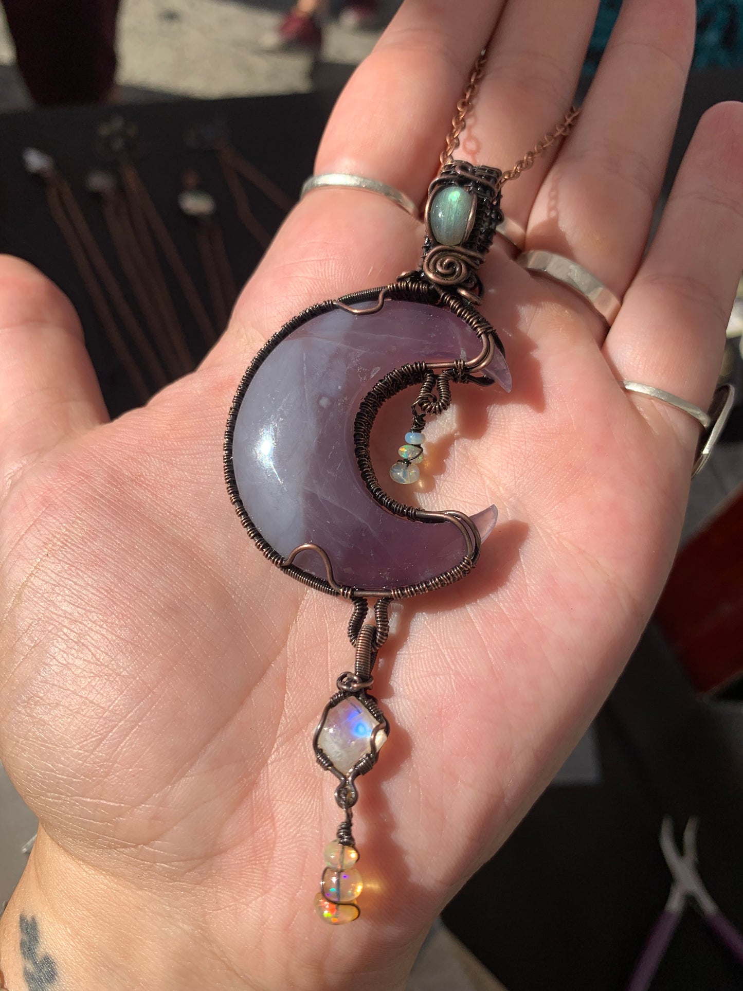 Purple Chalcedony Moon Pendant With Labradorite, Moonstone and Ethiopian Opals Wrapped in Antiqued Copper