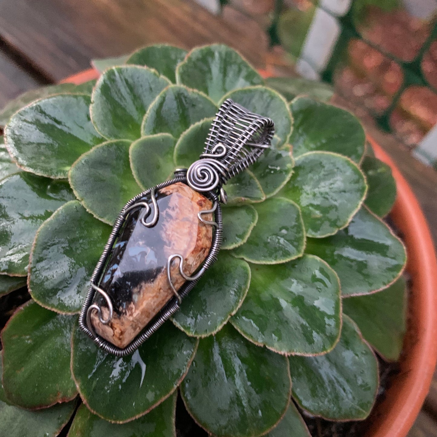 The Coffin Of Rest And Peace featuring a Beautiful Carved Petrified Palm Root Coffin Wire Wrapped in Antiqued and polished Sterling Silver