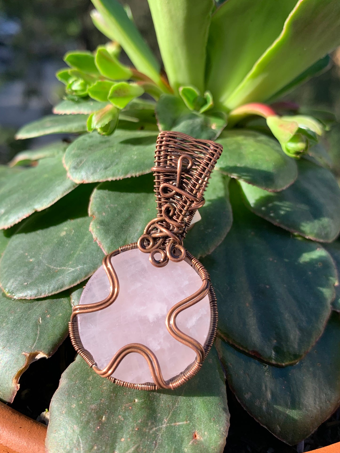 Rose Quartz Tree Of Life Pendant with Moonstone Crown