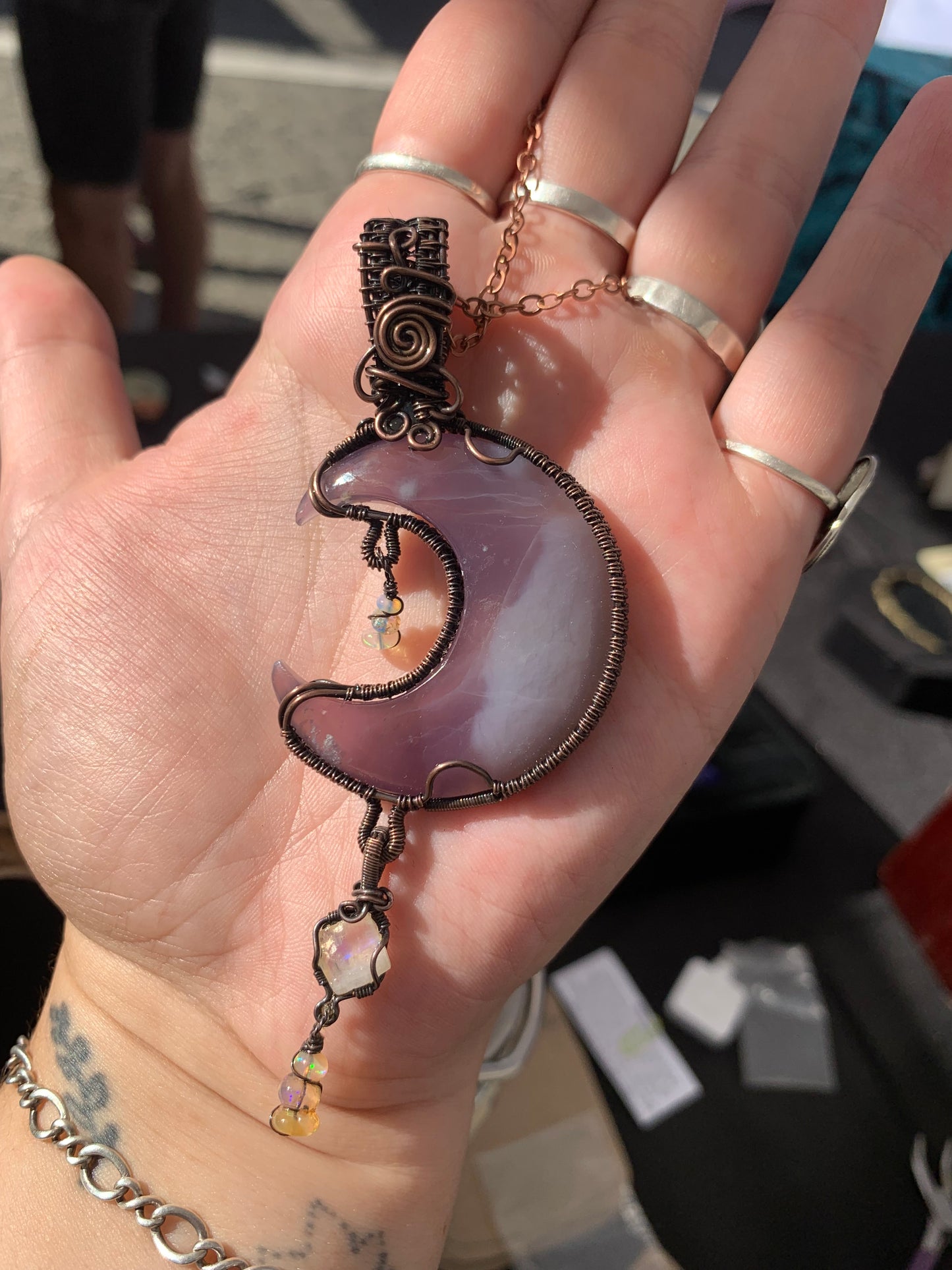 Purple Chalcedony Moon Pendant With Labradorite, Moonstone and Ethiopian Opals Wrapped in Antiqued Copper