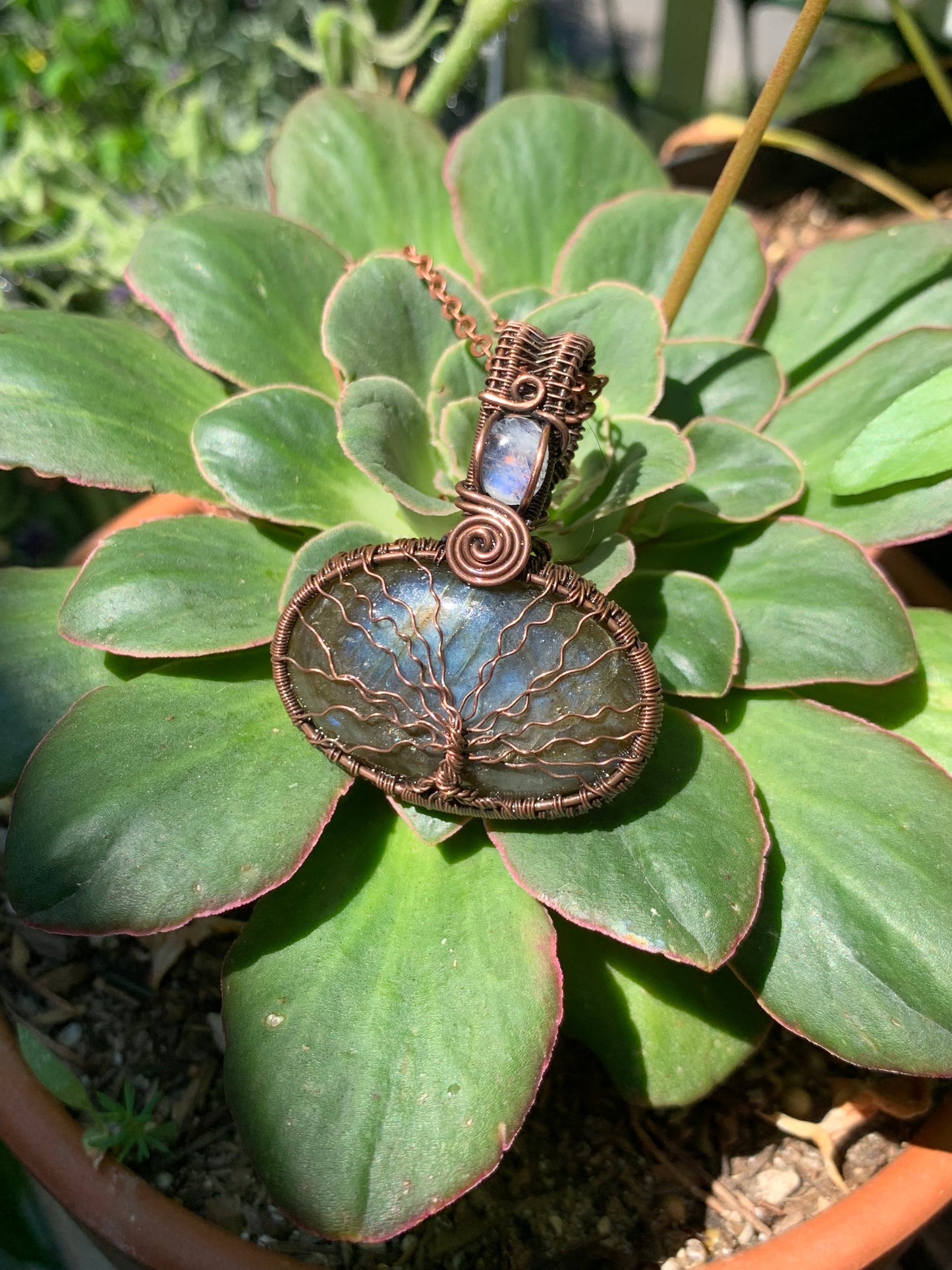 Wire Wrapped Tree Of Life Pendant with Stunning Labradorite and A Moonstone Crown in Antiqued Copper