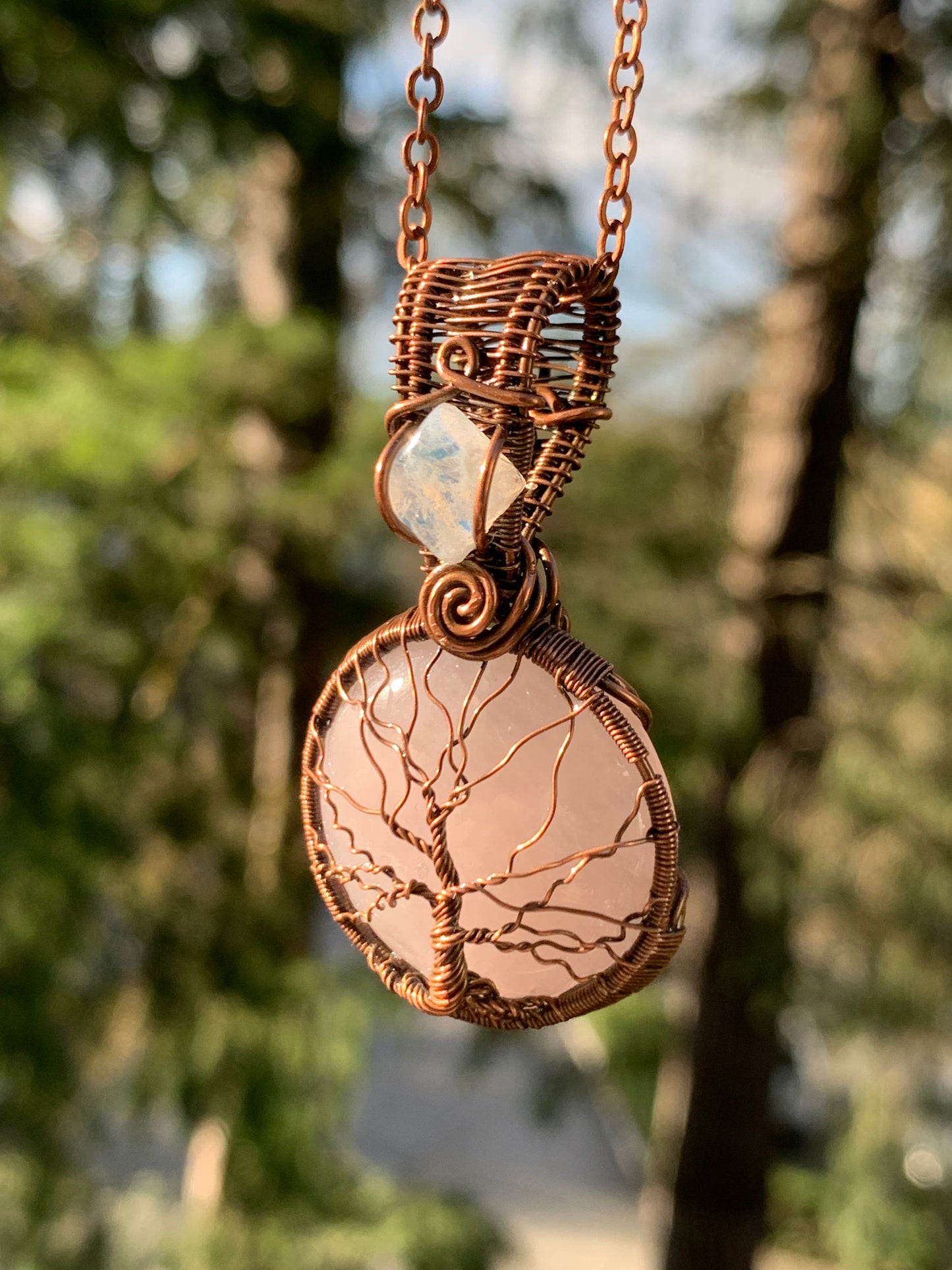 Rose Quartz Tree Of Life Pendant with Moonstone Crown