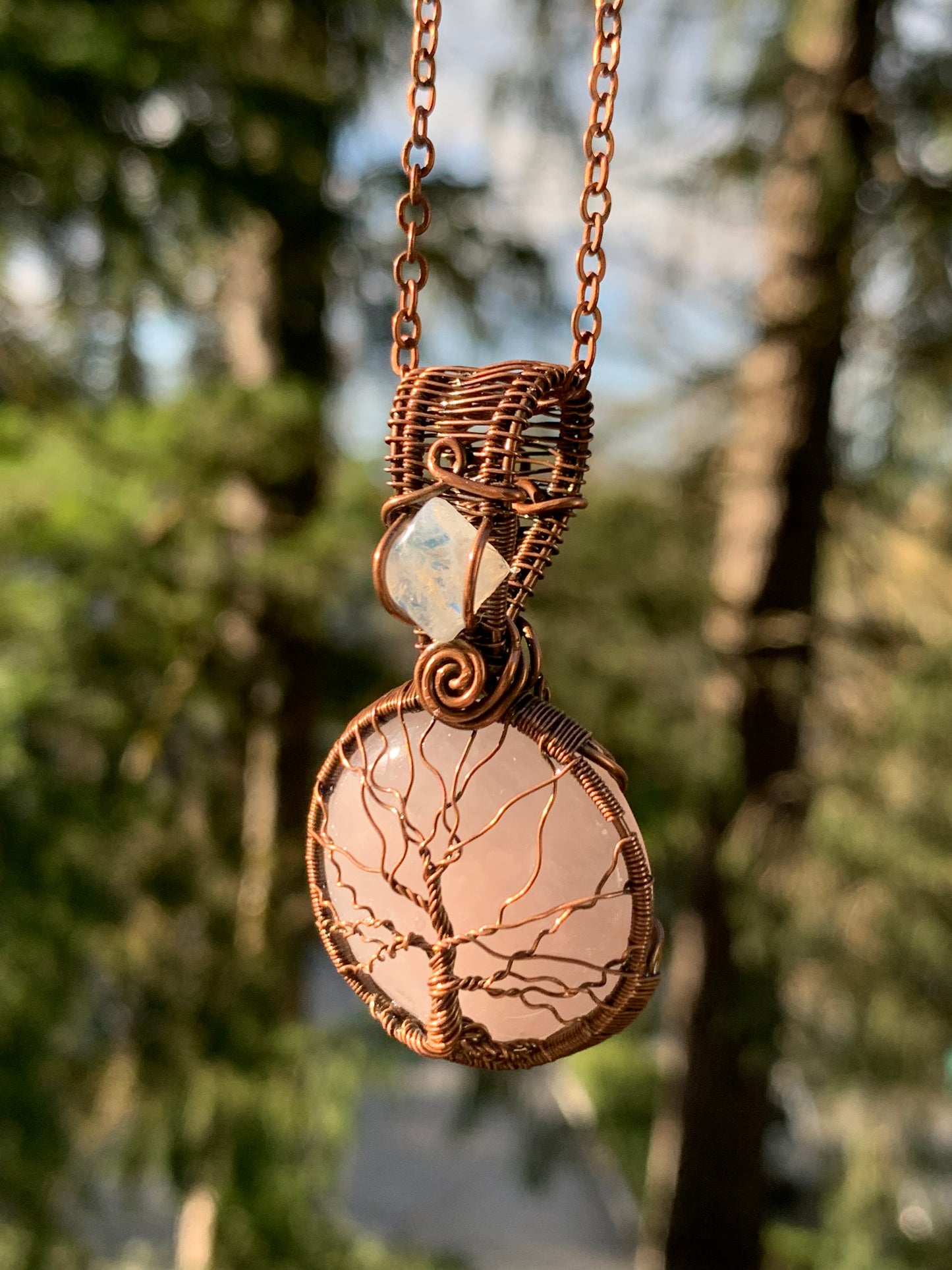 Rose Quartz Tree Of Life Pendant with Moonstone Crown