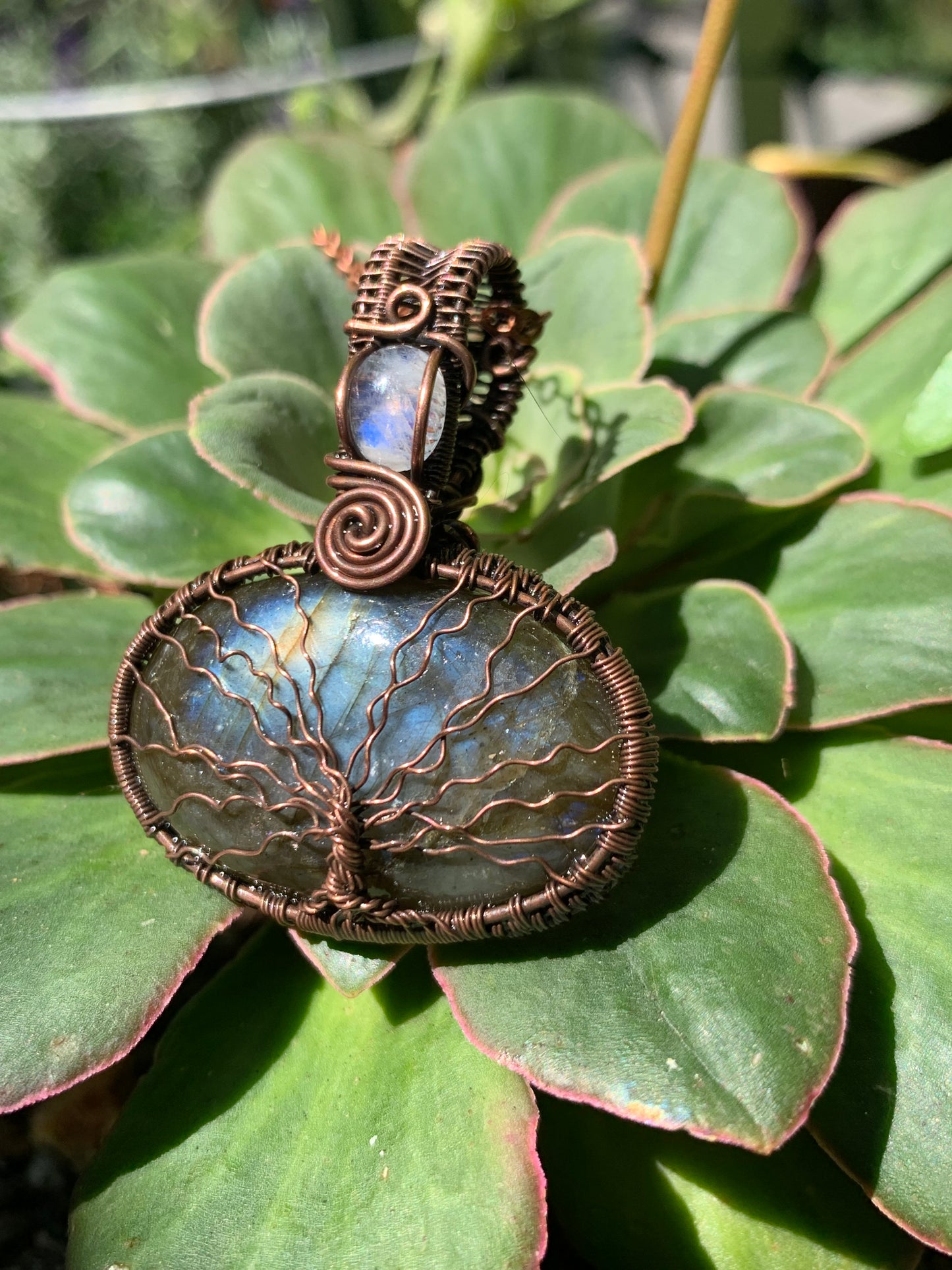 Wire Wrapped Tree Of Life Pendant with Stunning Labradorite and A Moonstone Crown in Antiqued Copper