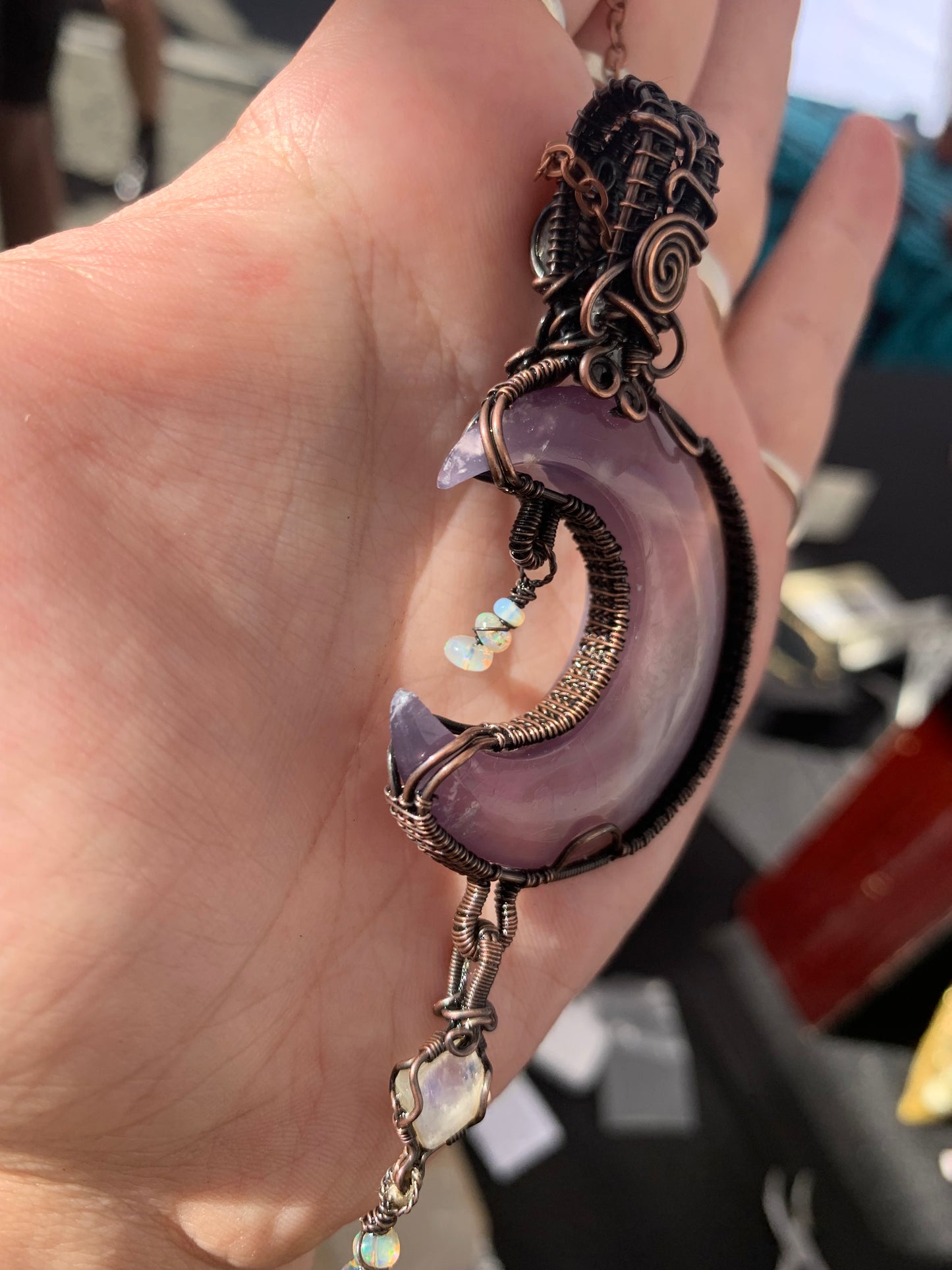 Purple Chalcedony Moon Pendant With Labradorite, Moonstone and Ethiopian Opals Wrapped in Antiqued Copper