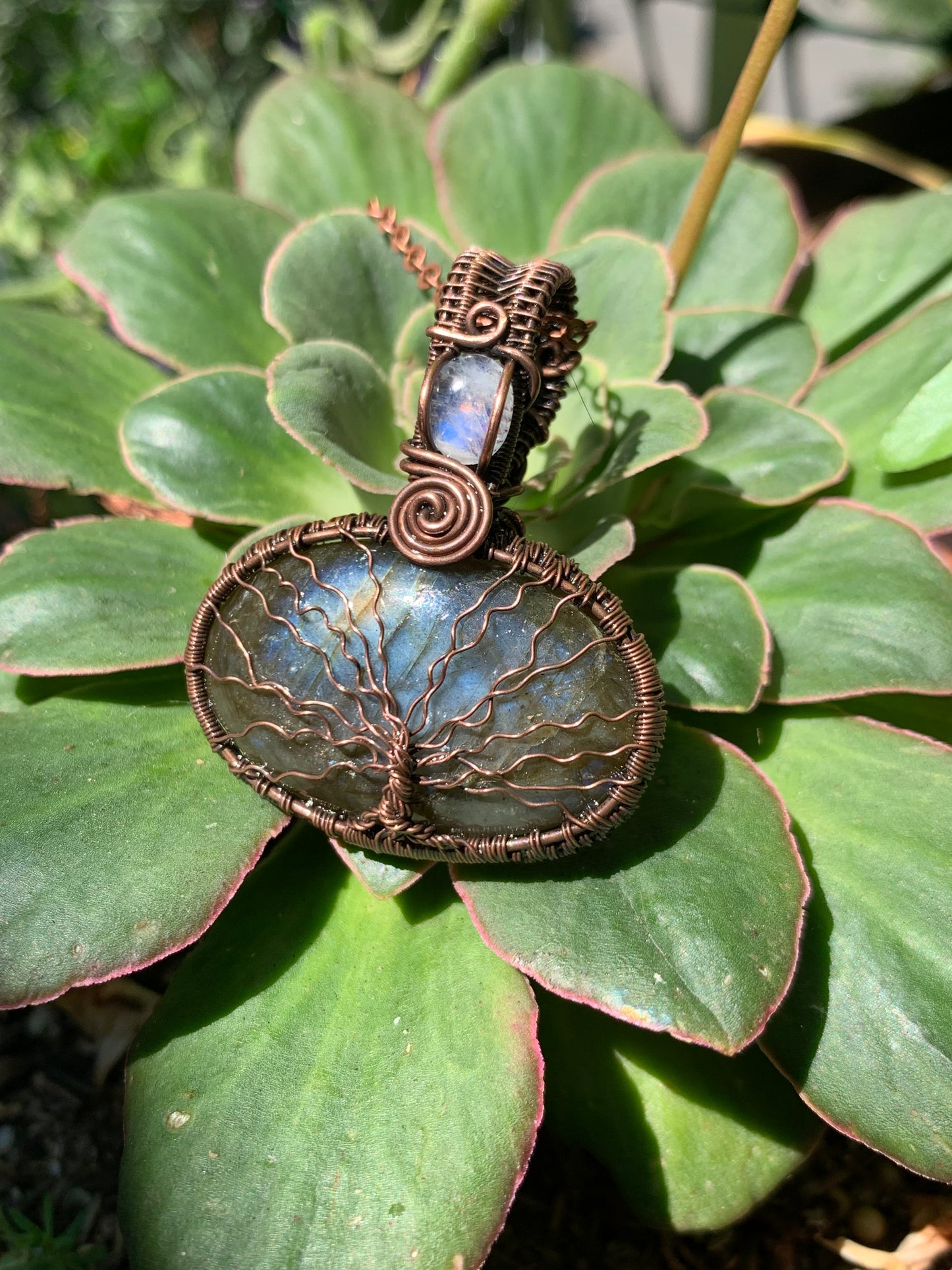 Wire Wrapped Tree Of Life Pendant with Stunning Labradorite and A Moonstone Crown in Antiqued Copper