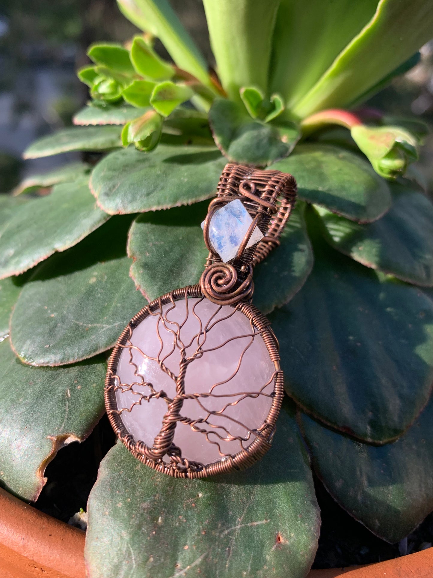 Rose Quartz Tree Of Life Pendant with Moonstone Crown