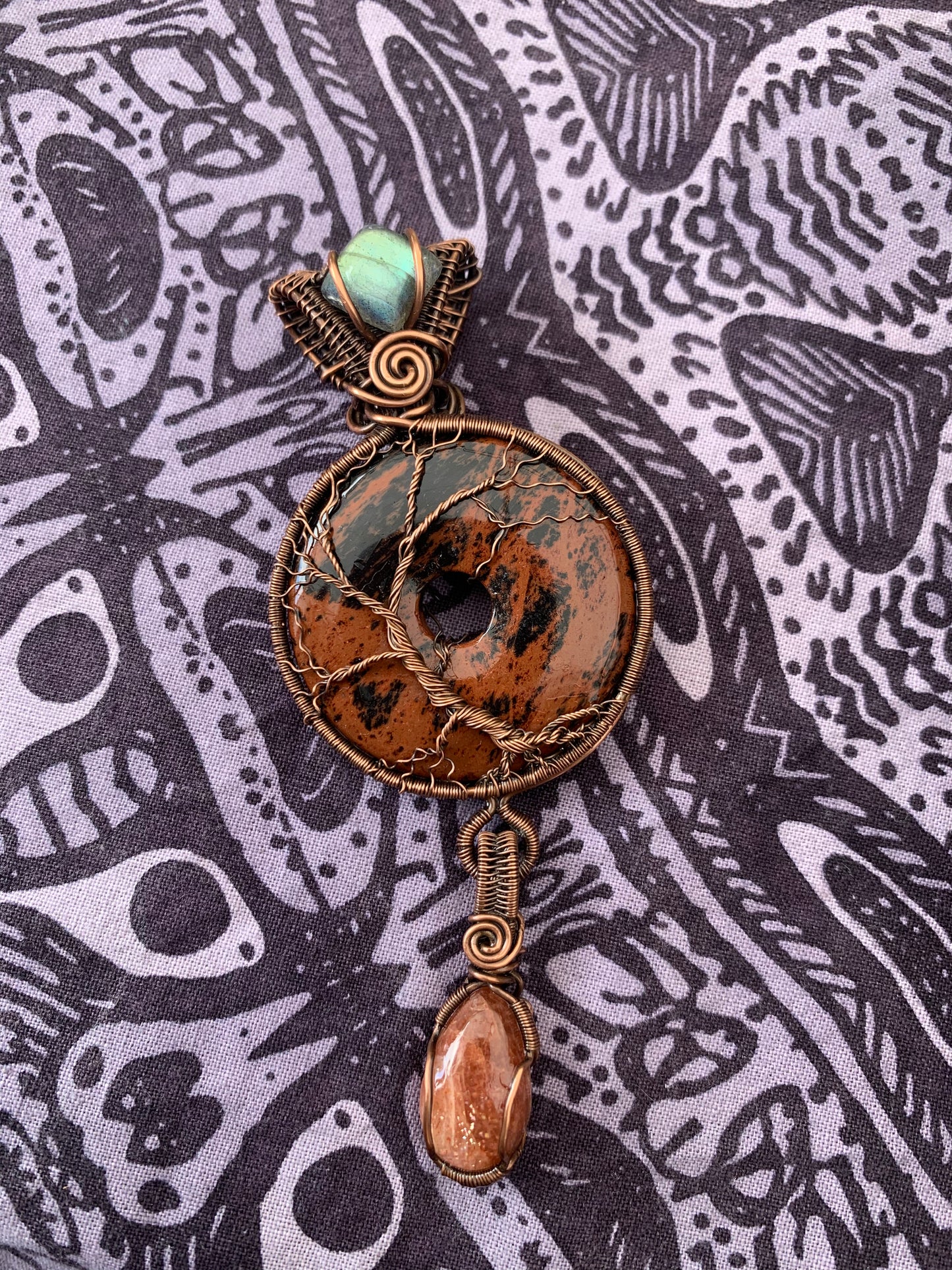 Mahogany Obsidian Donut Tree Of Life Pendant With Labradorite and Sunstone