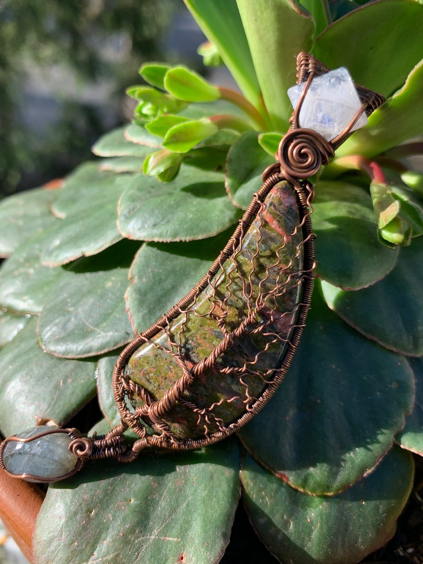 Unakite Jasper Tree Of life Pendant With Moonstone and Labradorite Wire Wrapped in Antiqued Copper