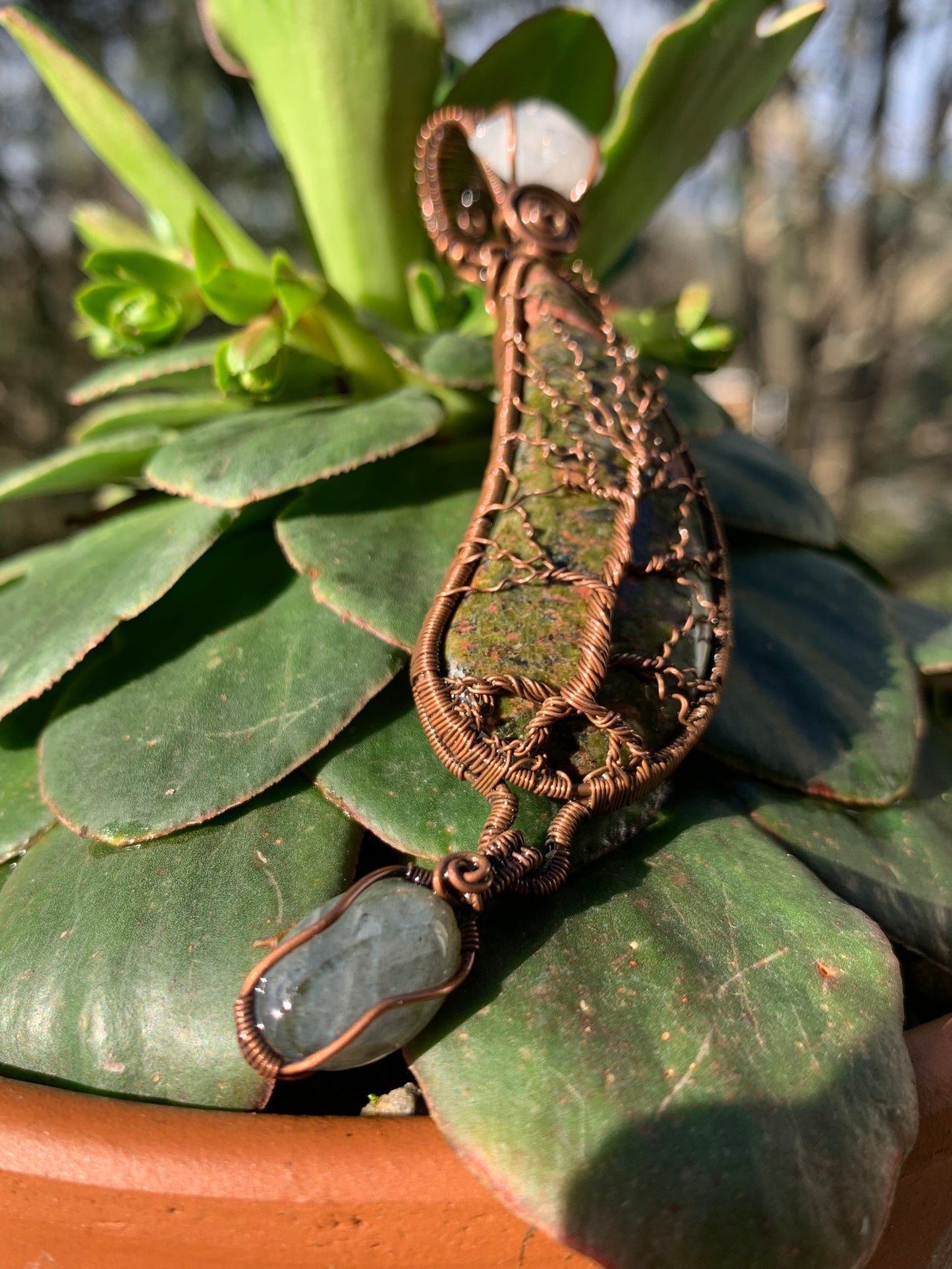 Unakite Jasper Tree Of life Pendant With Moonstone and Labradorite Wire Wrapped in Antiqued Copper