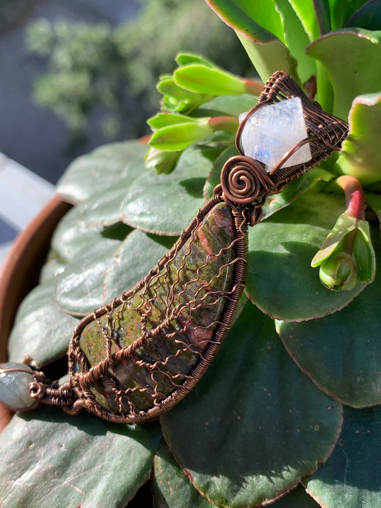 Unakite Jasper Tree Of life Pendant With Moonstone and Labradorite Wire Wrapped in Antiqued Copper