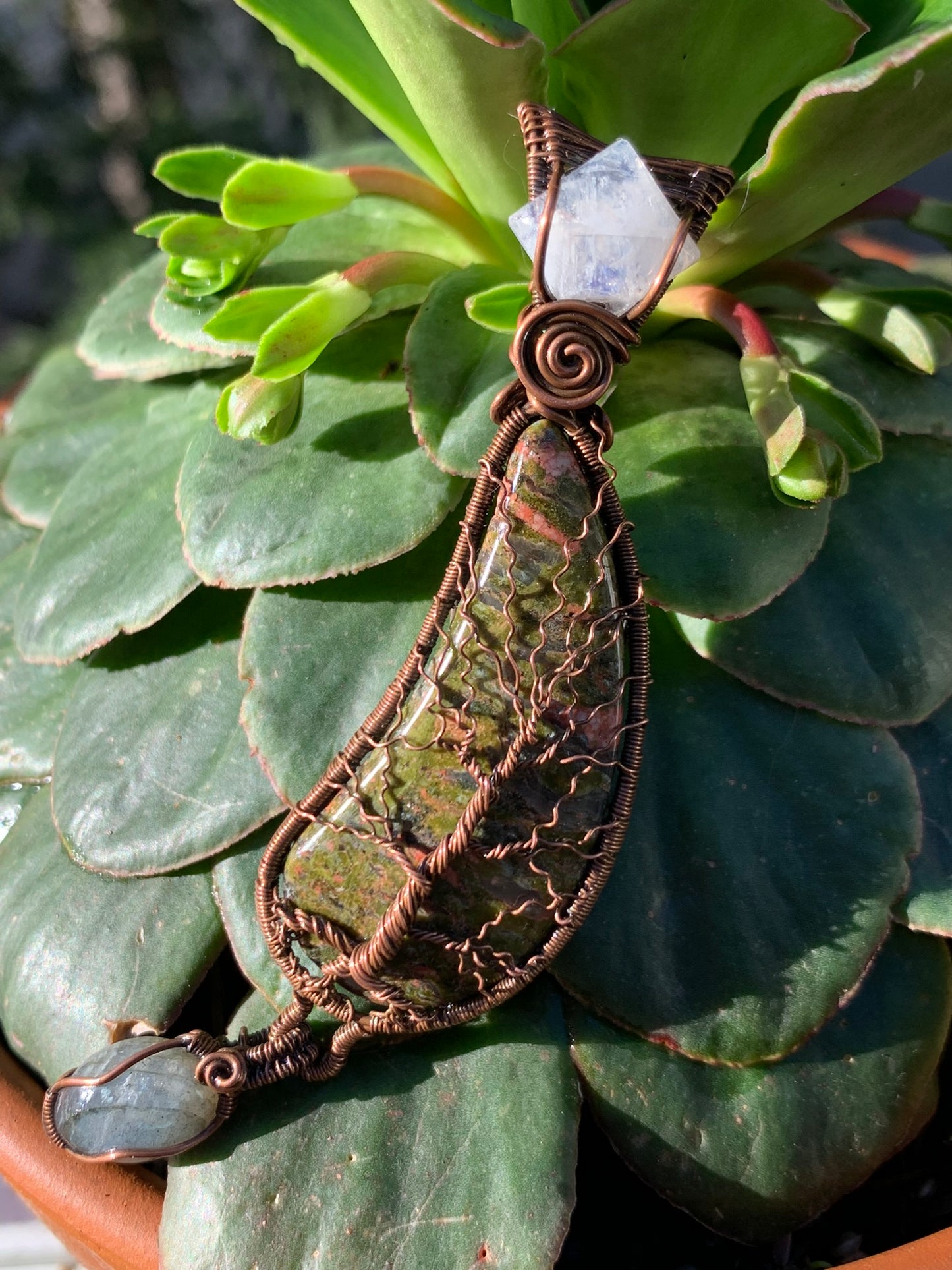 Unakite Jasper Tree Of life Pendant With Moonstone and Labradorite Wire Wrapped in Antiqued Copper