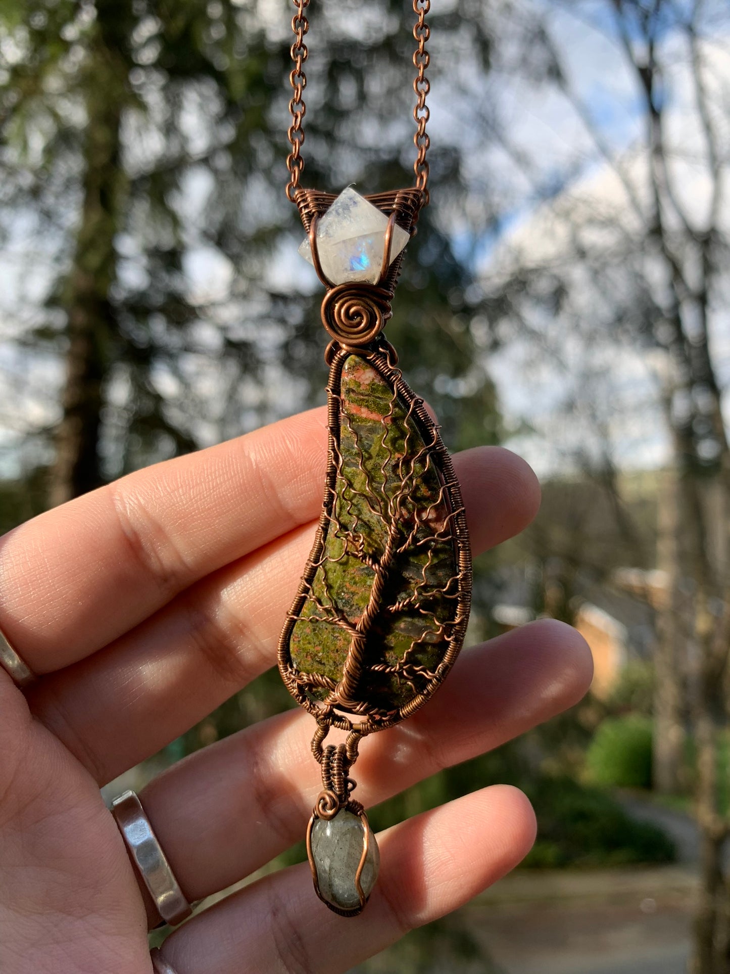 Unakite Jasper Tree Of life Pendant With Moonstone and Labradorite Wire Wrapped in Antiqued Copper