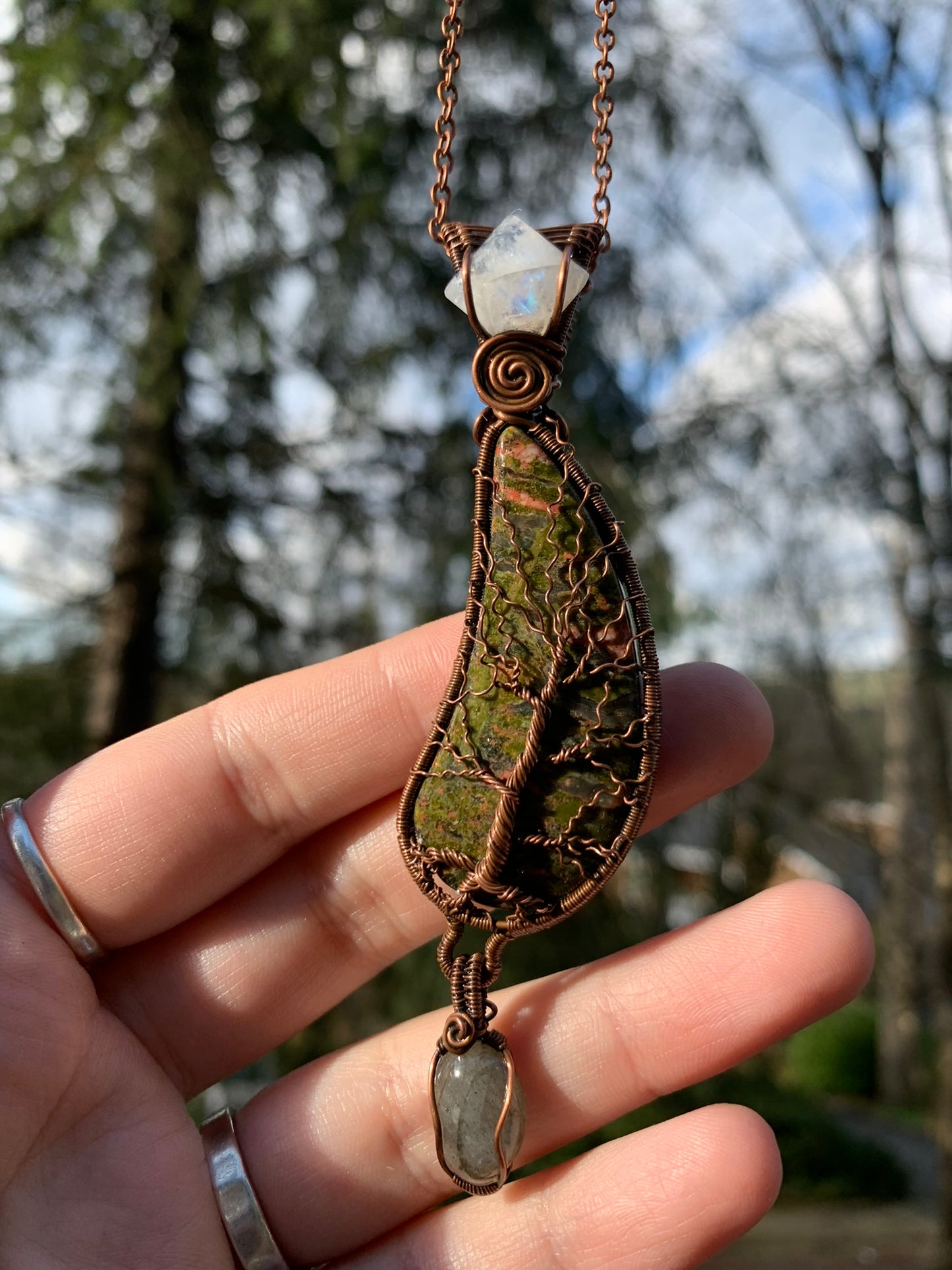 Unakite Jasper Tree Of life Pendant With Moonstone and Labradorite Wire Wrapped in Antiqued Copper