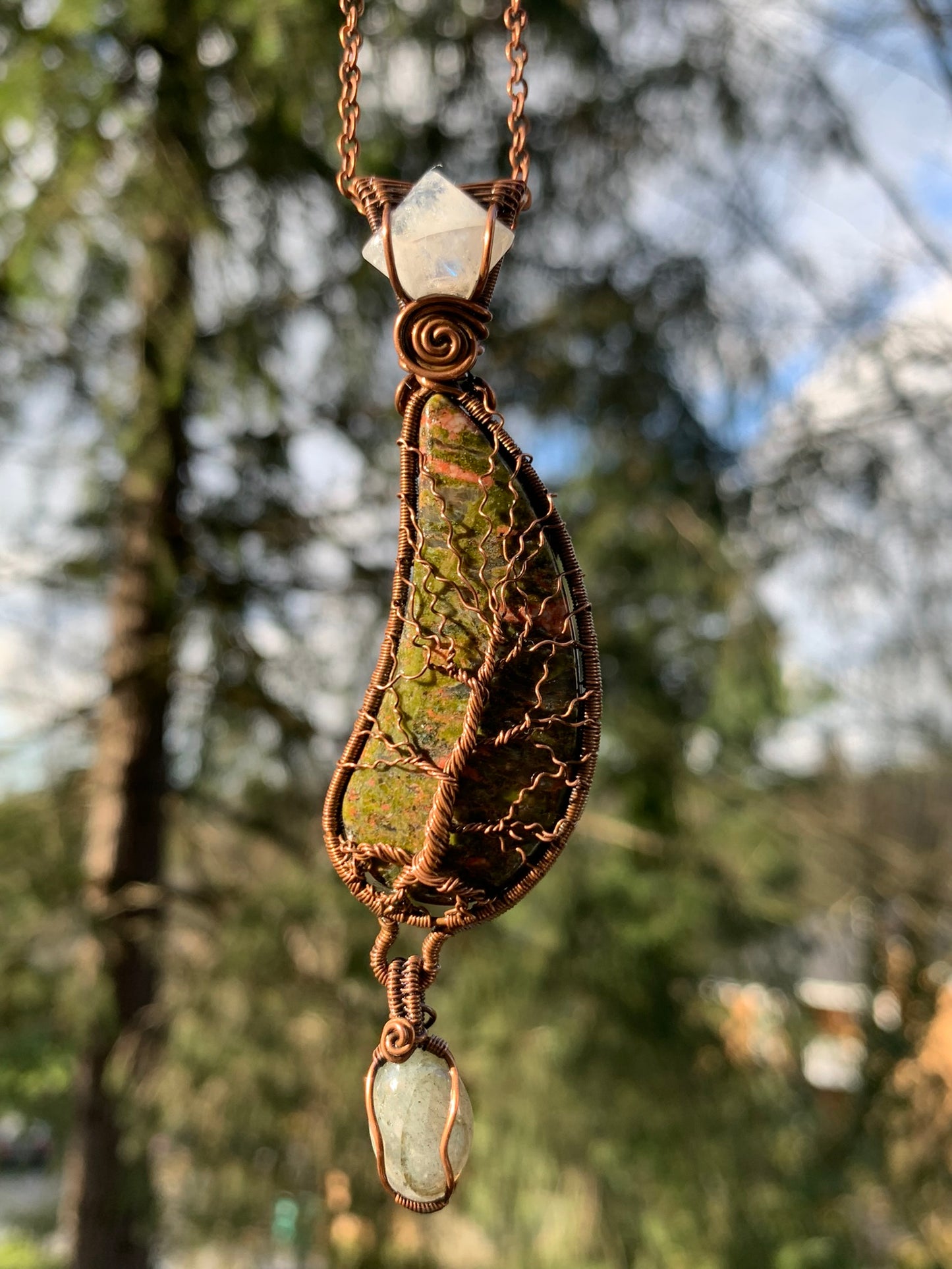 Unakite Jasper Tree Of life Pendant With Moonstone and Labradorite Wire Wrapped in Antiqued Copper