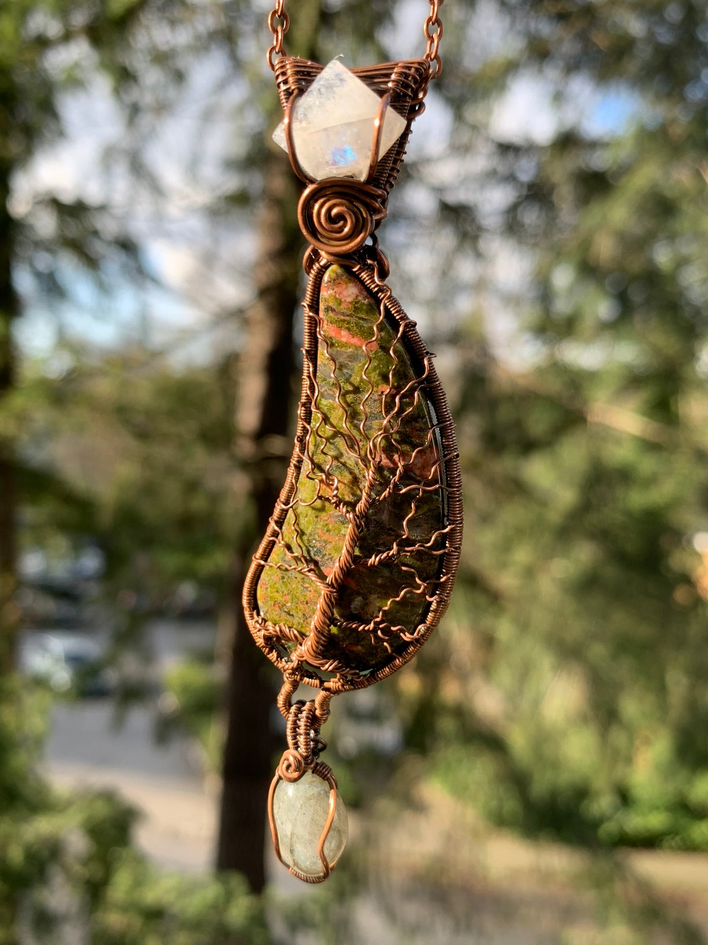 Unakite Jasper Tree Of life Pendant With Moonstone and Labradorite Wire Wrapped in Antiqued Copper