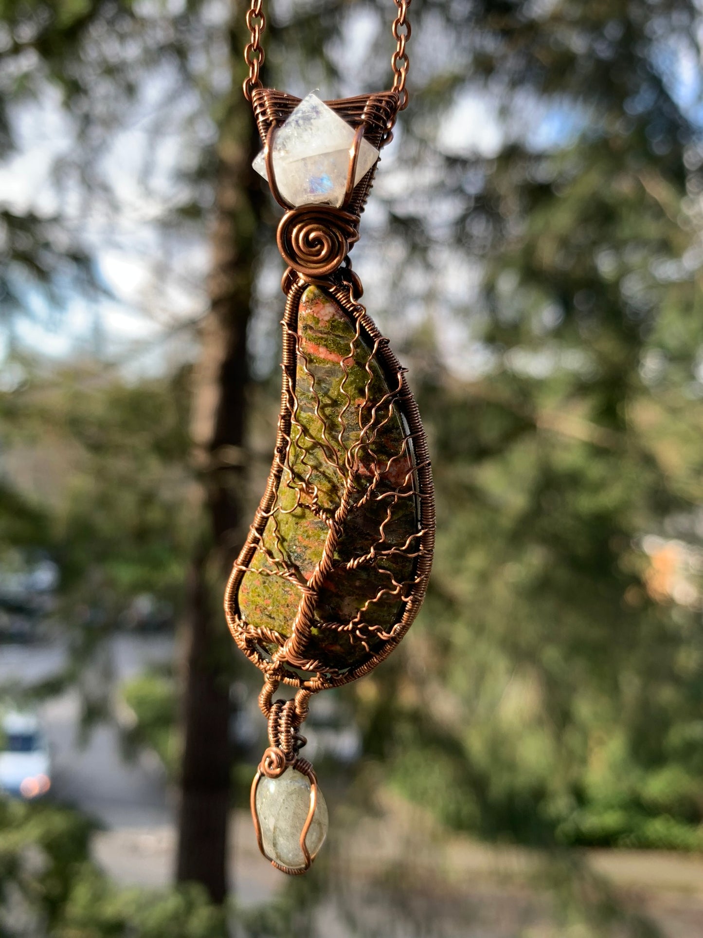 Unakite Jasper Tree Of life Pendant With Moonstone and Labradorite Wire Wrapped in Antiqued Copper