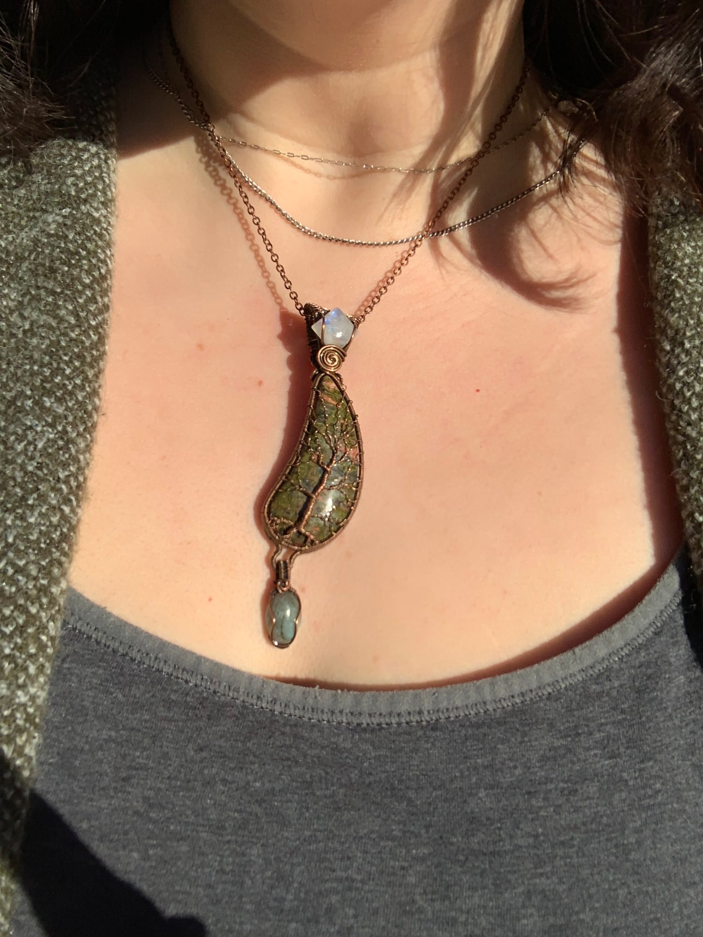 Unakite Jasper Tree Of life Pendant With Moonstone and Labradorite Wire Wrapped in Antiqued Copper