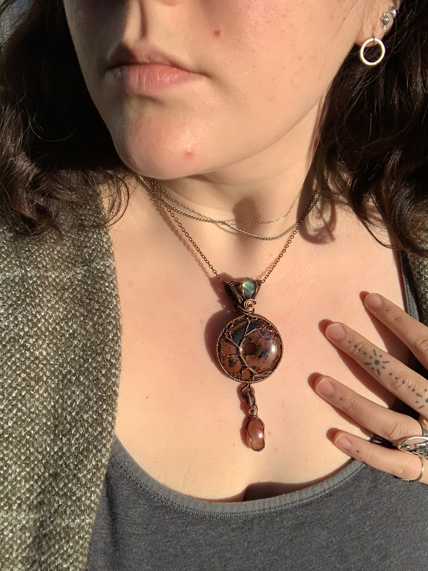 Mahogany Obsidian Donut Tree Of Life Pendant With Labradorite and Sunstone