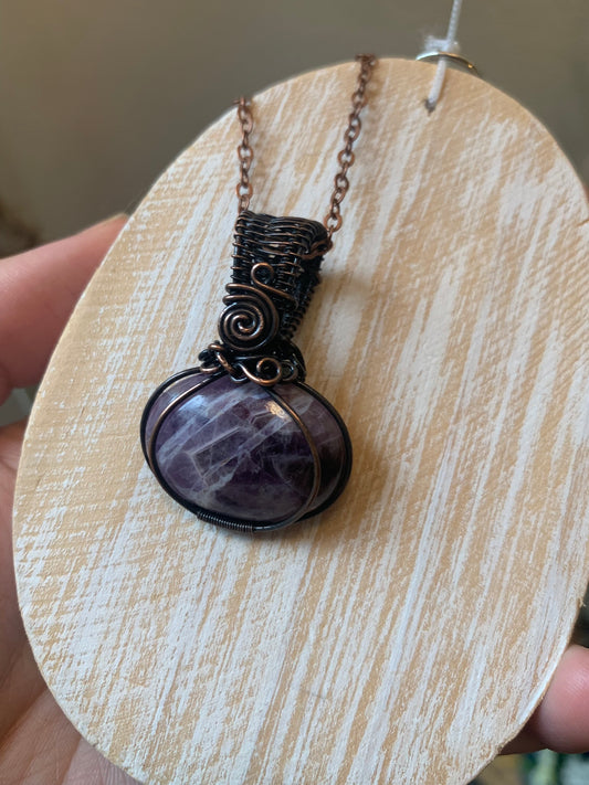 Amethyst Pumpkin Pendant Wire Wrapped in Antiqued Copper