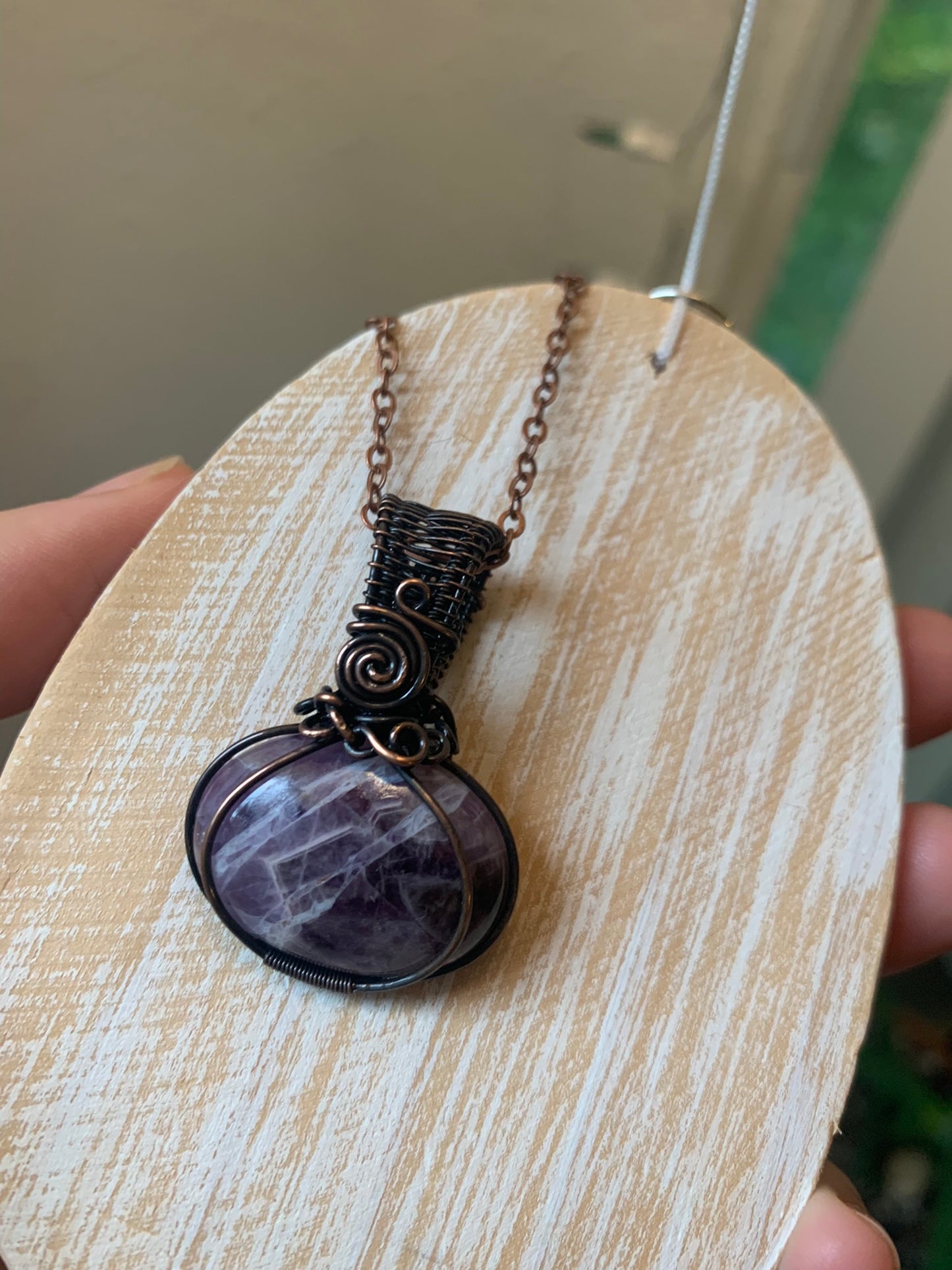 Amethyst Pumpkin Pendant Wire Wrapped in Antiqued Copper