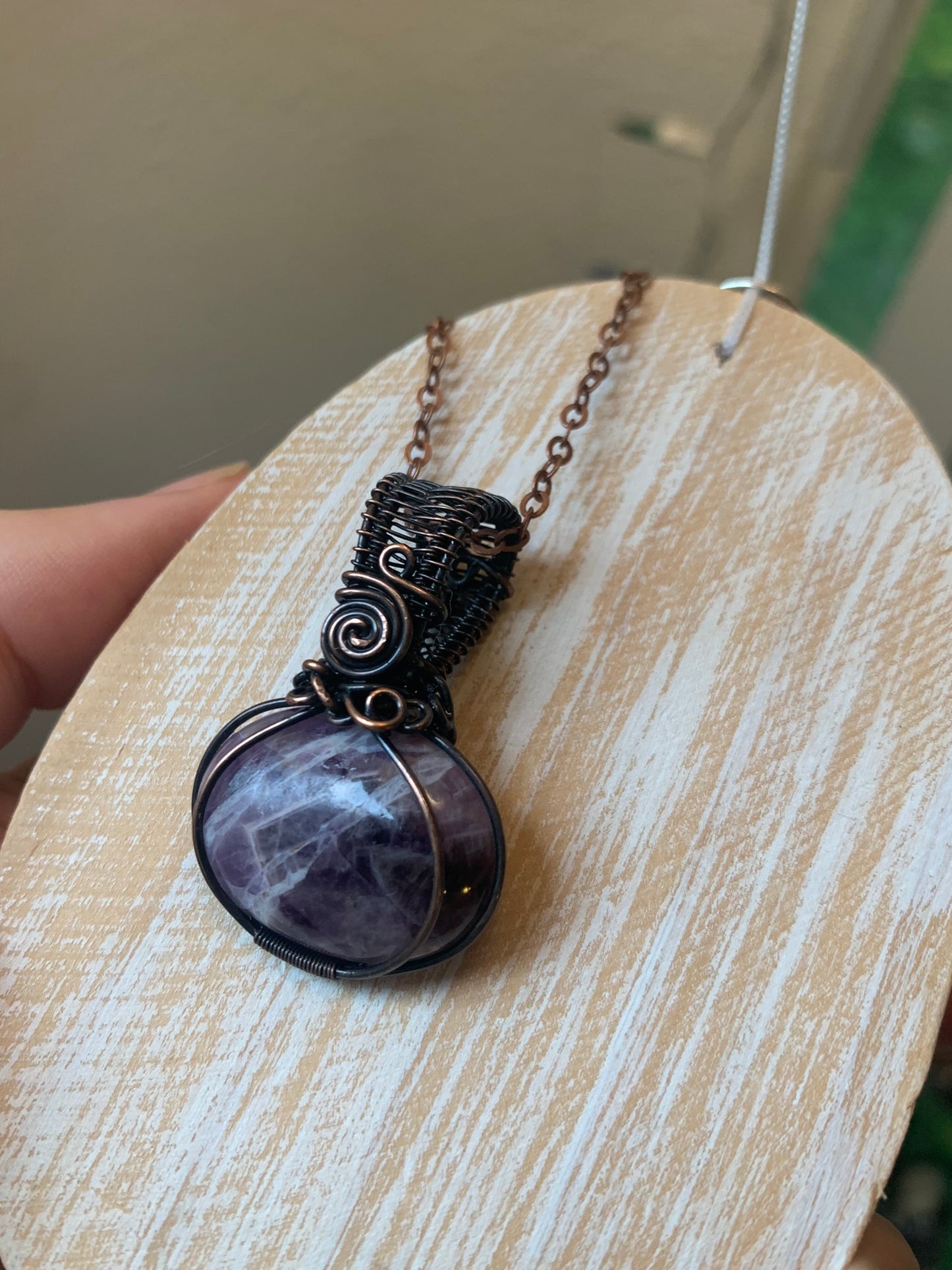 Amethyst Pumpkin Pendant Wire Wrapped in Antiqued Copper