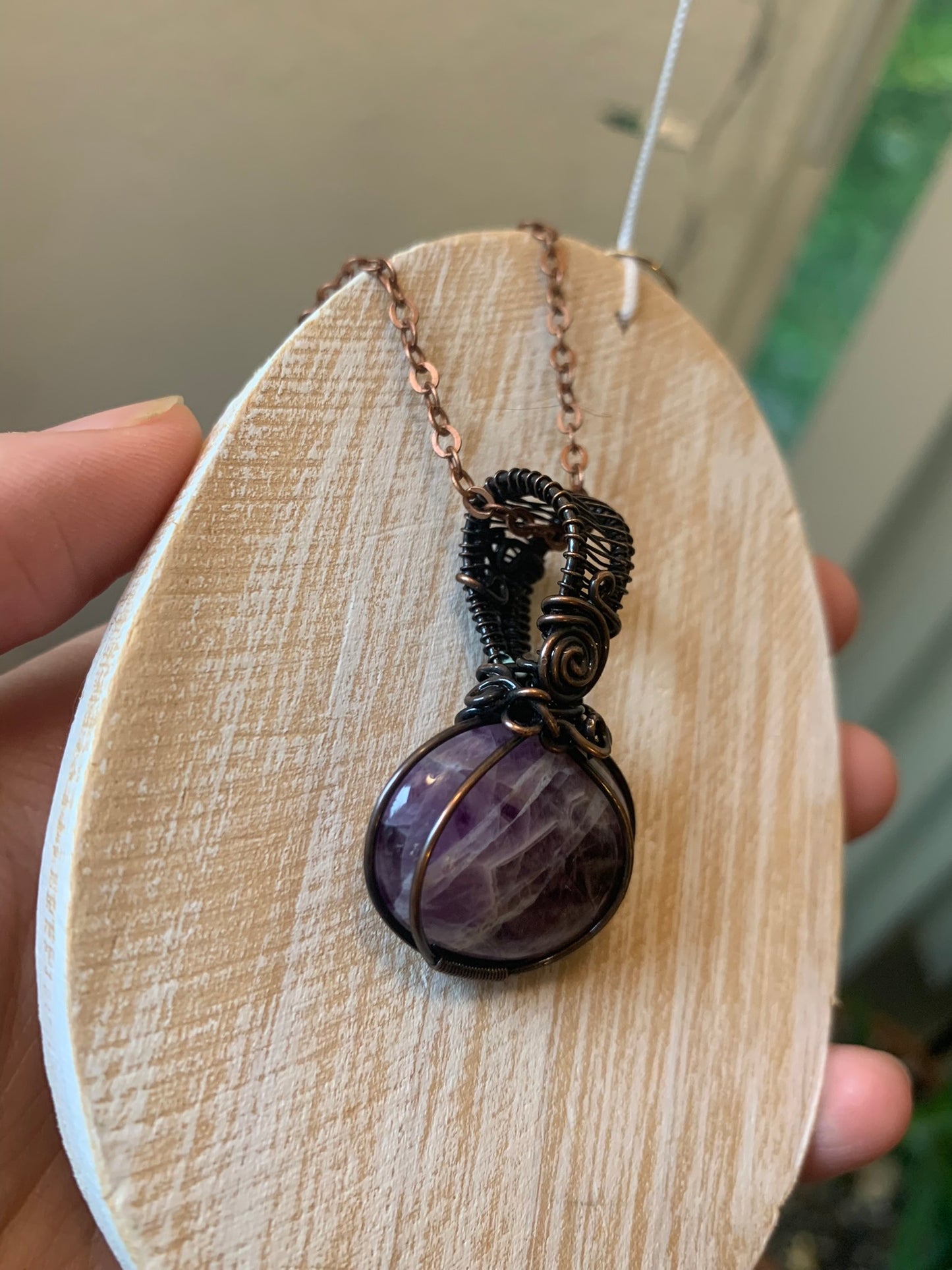 Amethyst Pumpkin Pendant Wire Wrapped in Antiqued Copper