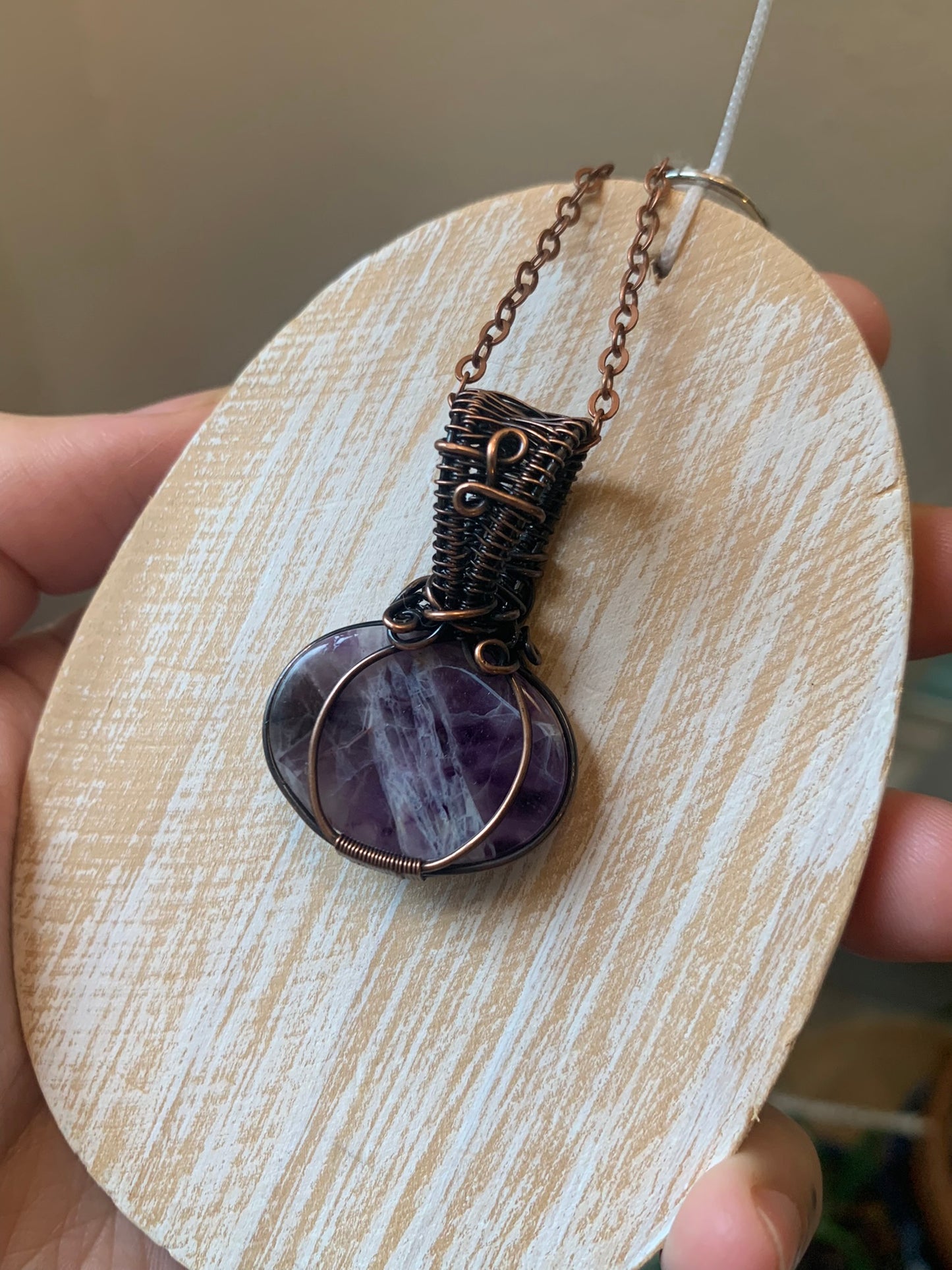 Amethyst Pumpkin Pendant Wire Wrapped in Antiqued Copper